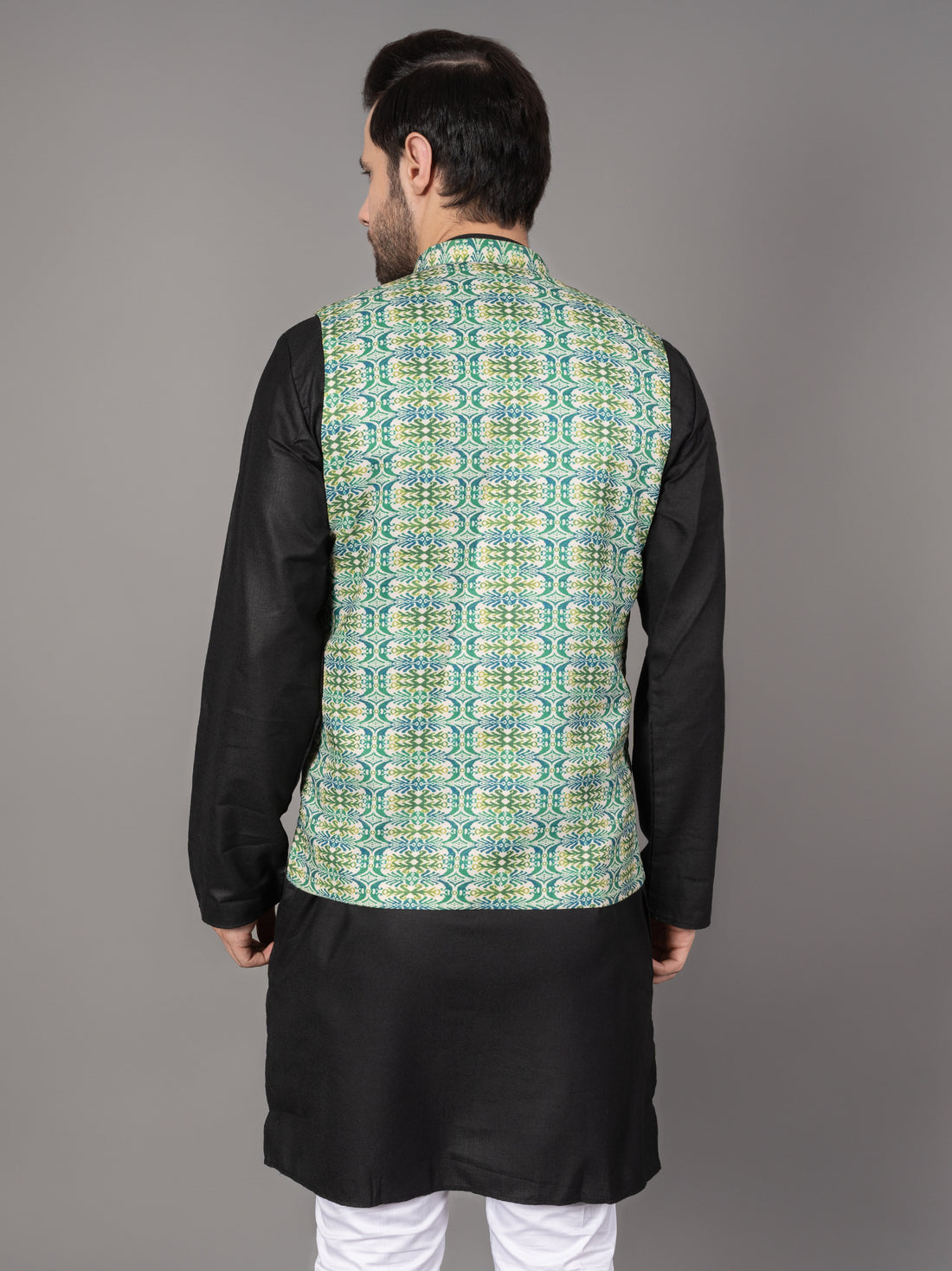 MEN'S PRINTED NEHRU JACKETS ( GREEN )