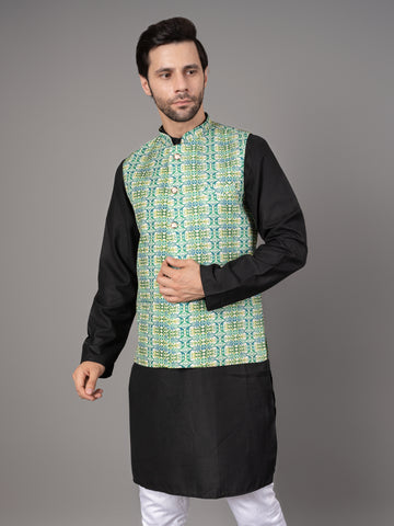 MEN'S PRINTED NEHRU JACKETS ( GREEN )