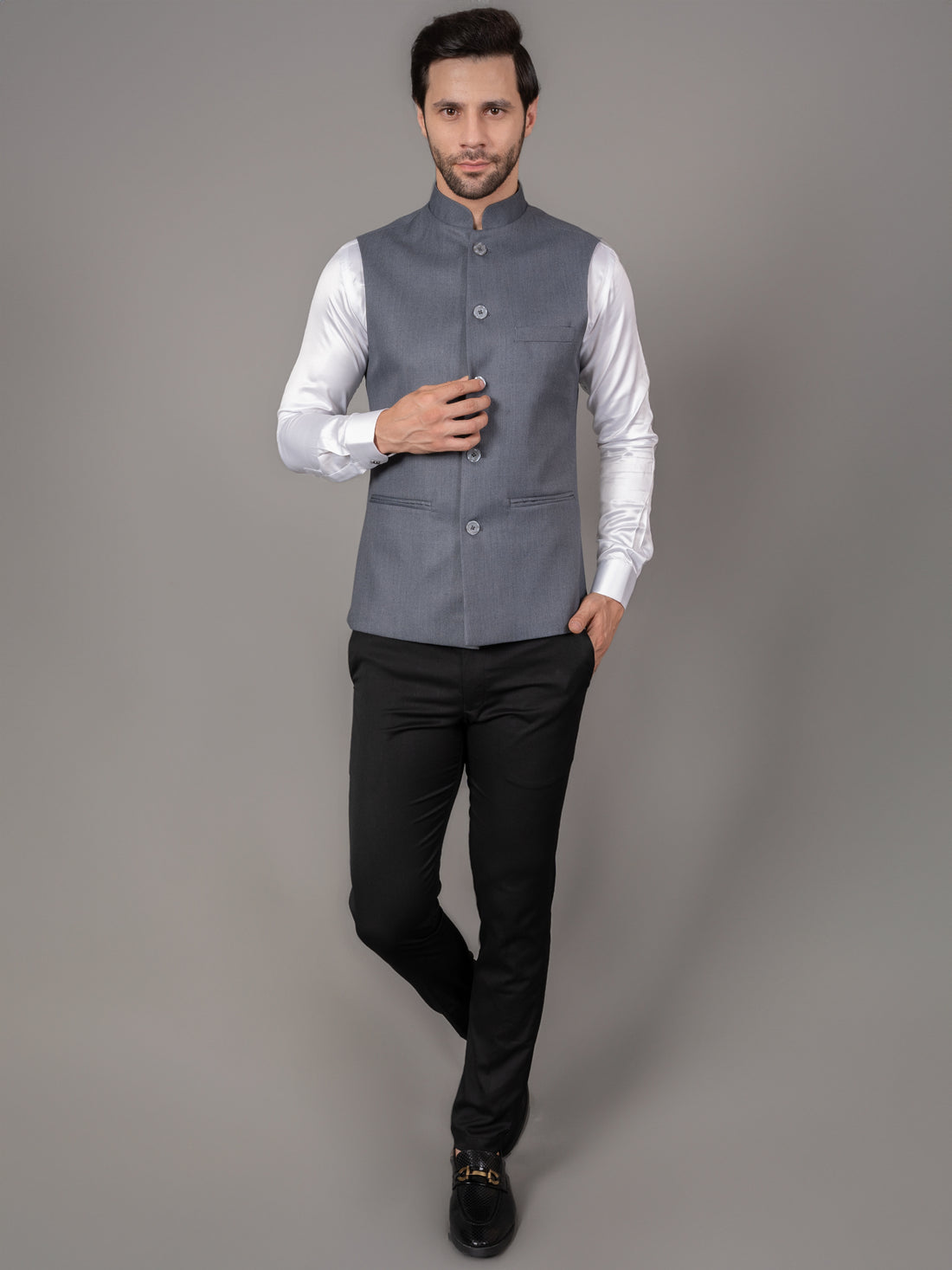 MEN'S SOLID NEHRU JACKETS ( SILVER GREY )