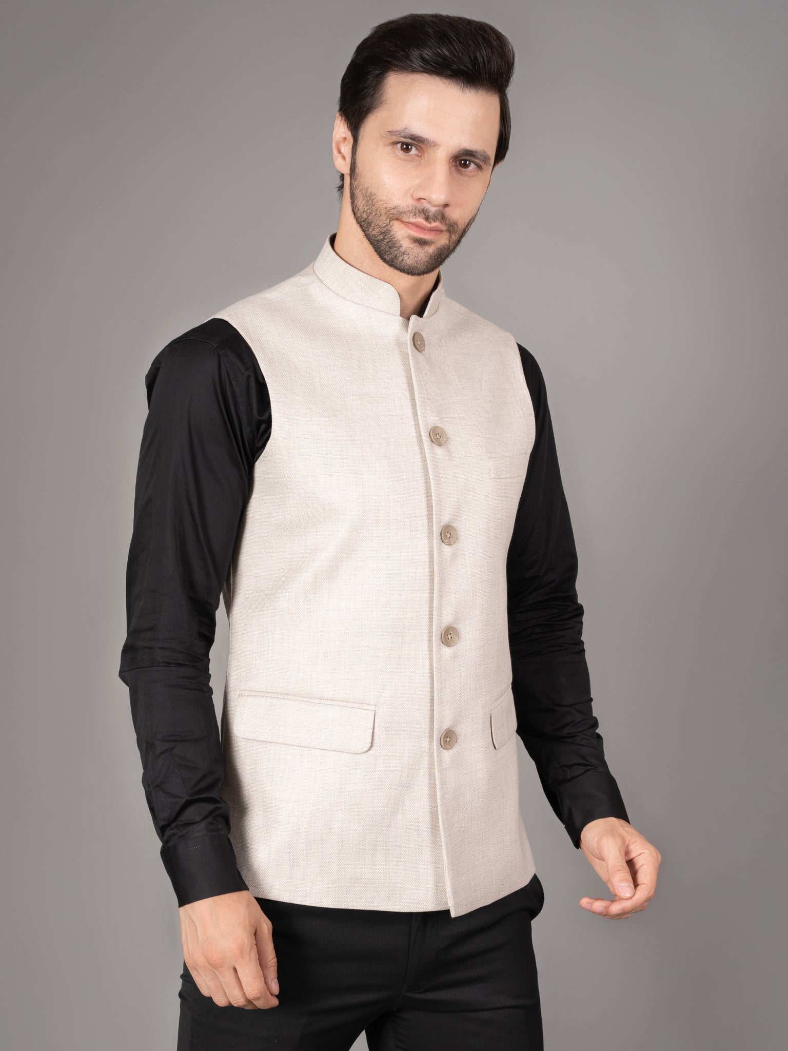 MEN'S SOLID NEHRU JACKETS ( CREAM )