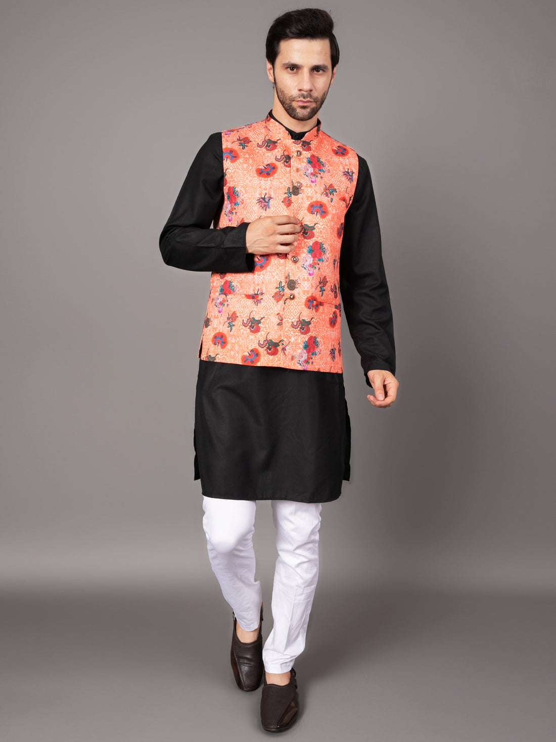 MEN'S PRINTED NEHRU JACKETS ( PEACH )