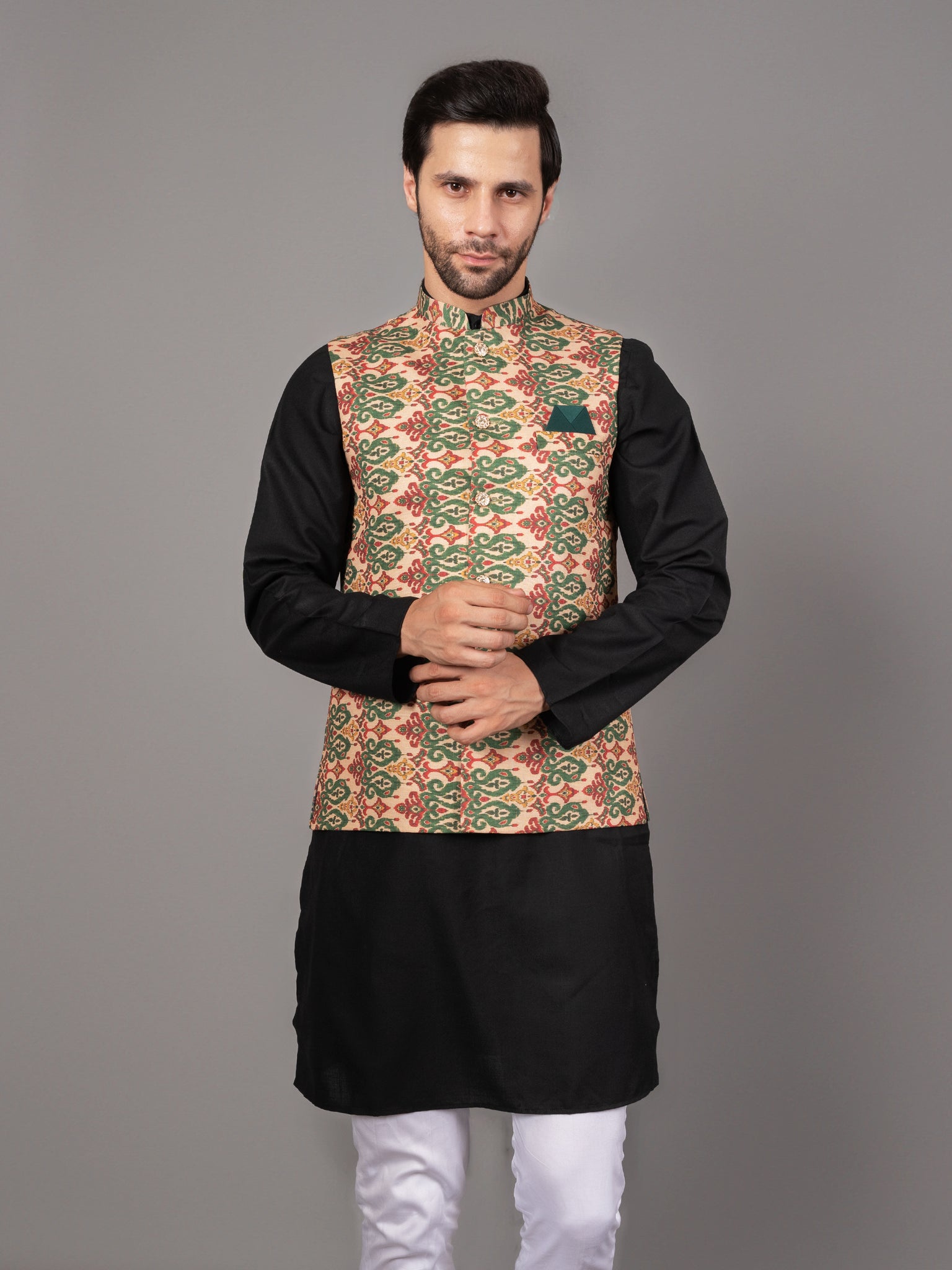 MEN'S PRINTED NEHRU JACKETS ( YELLOW )