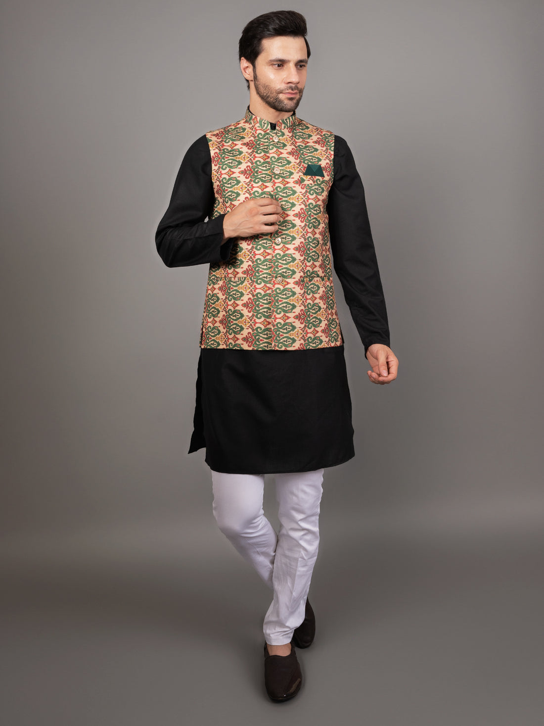 MEN'S PRINTED NEHRU JACKETS ( YELLOW )