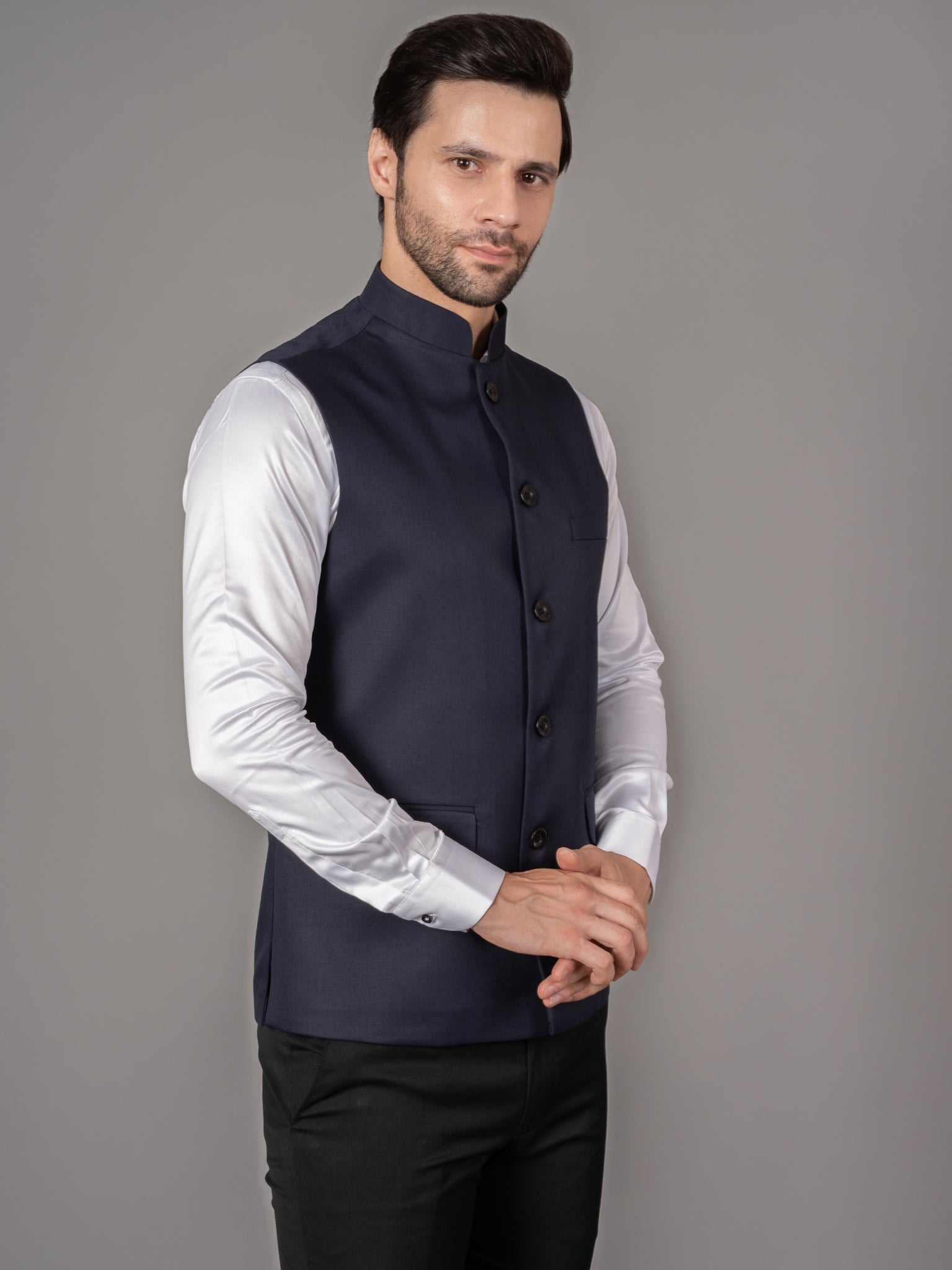 MEN'S SOLID NEHRU JACKETS ( NAVY BLUE )