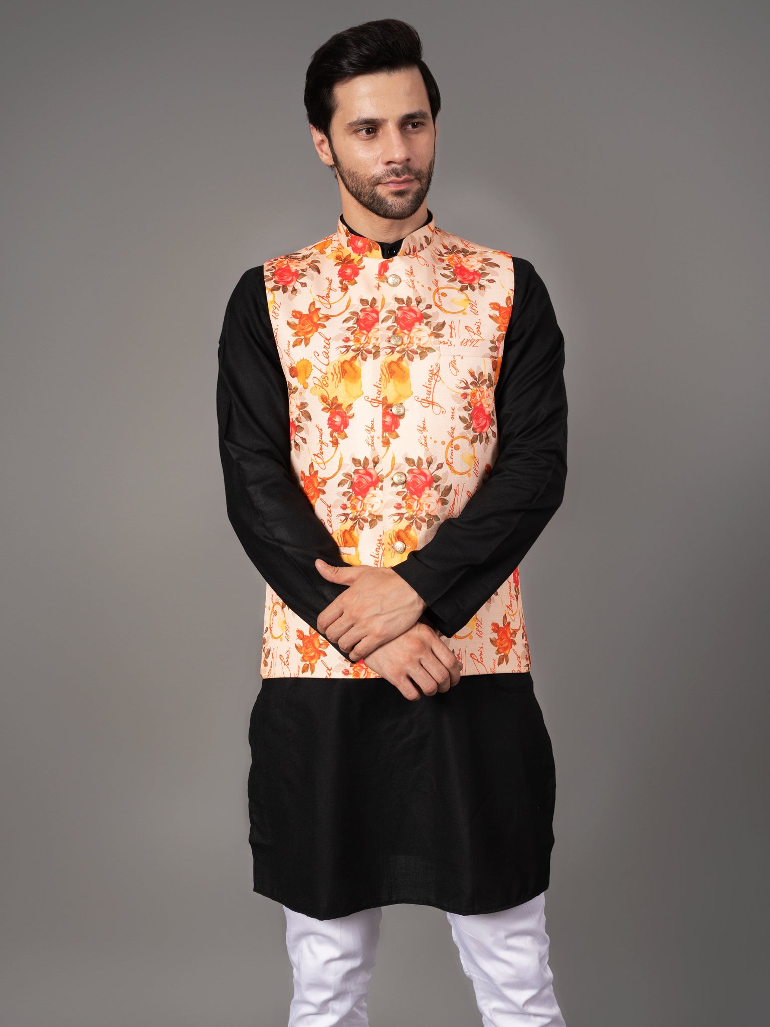 MEN'S PRINTED NEHRU JACKETS ( LIGHT PEACH )