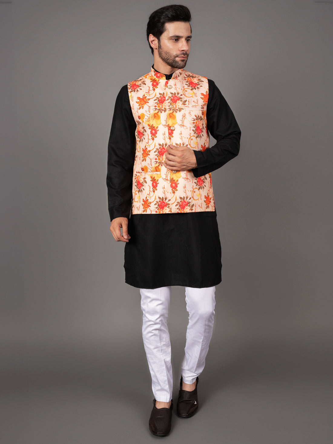 MEN'S PRINTED NEHRU JACKETS ( LIGHT PEACH )