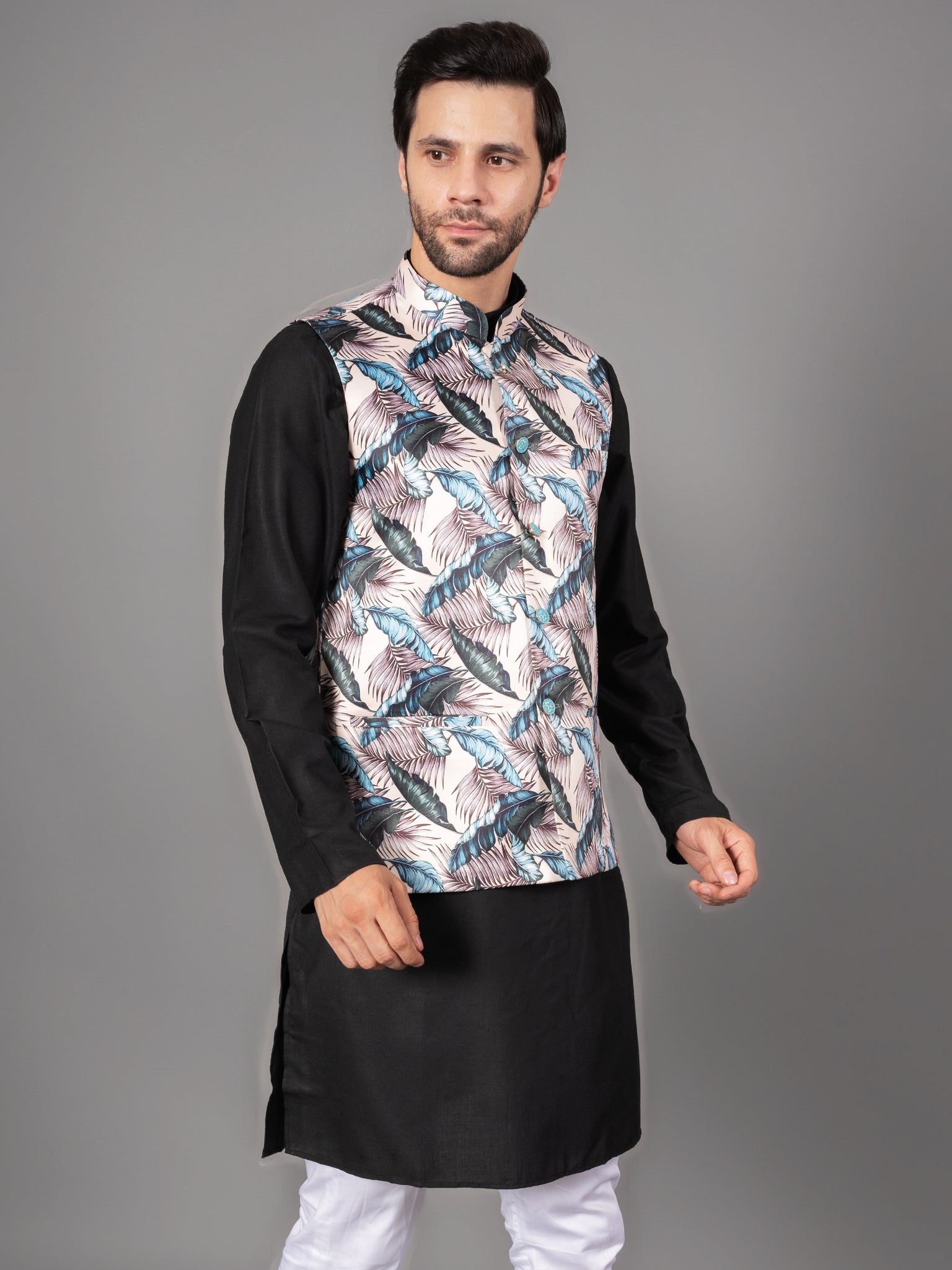 MEN'S PRINTED NEHRU JACKETS ( GREY )