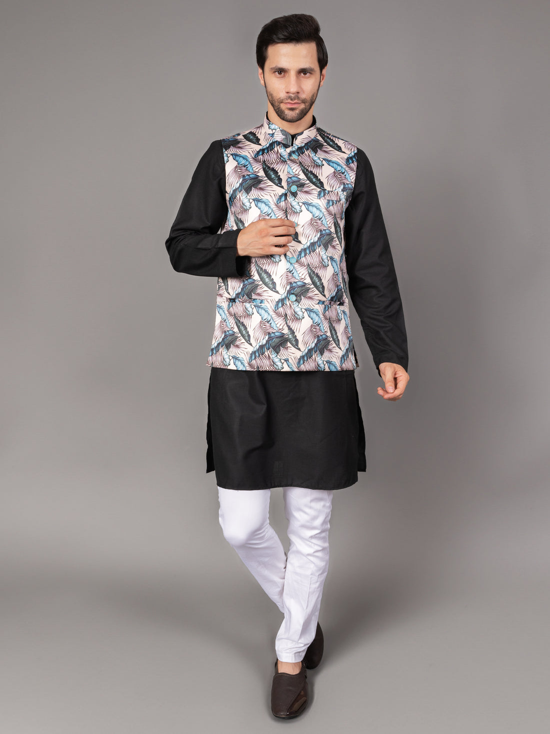 MEN'S PRINTED NEHRU JACKETS ( GREY )