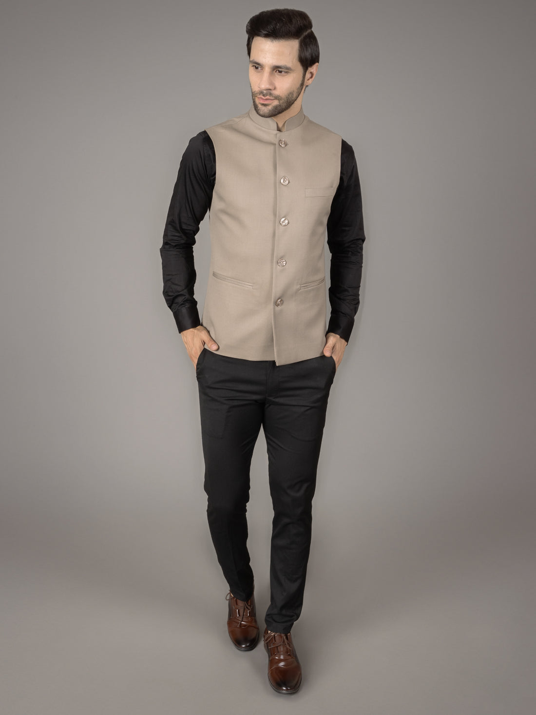 MEN'S SOLID NEHRU JACKETS ( LIGHT BROWN )