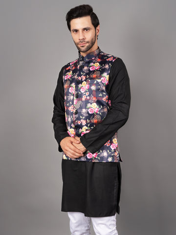 MEN'S PRINTED NEHRU JACKETS ( BLACK )