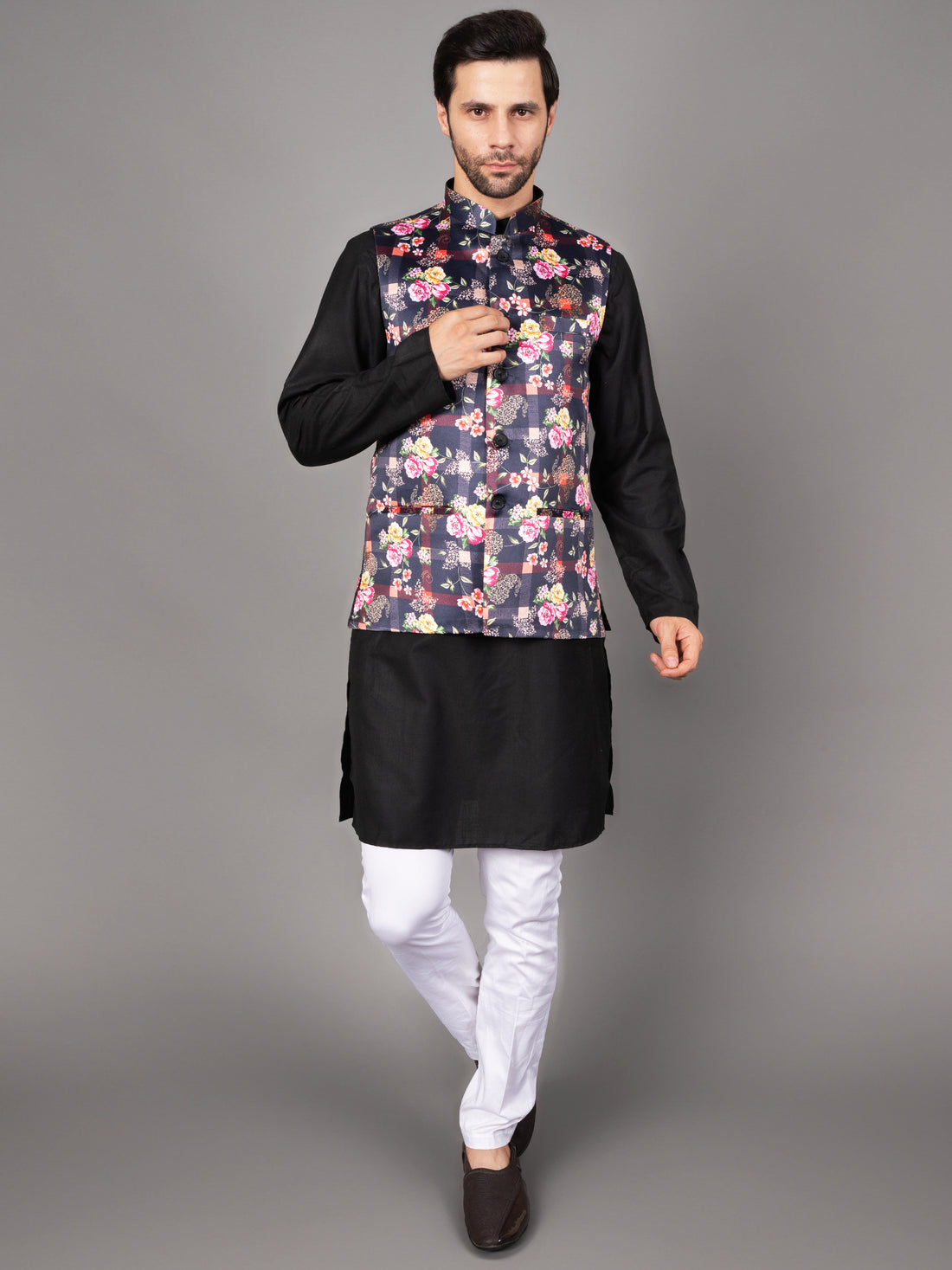 MEN'S PRINTED NEHRU JACKETS ( BLACK )