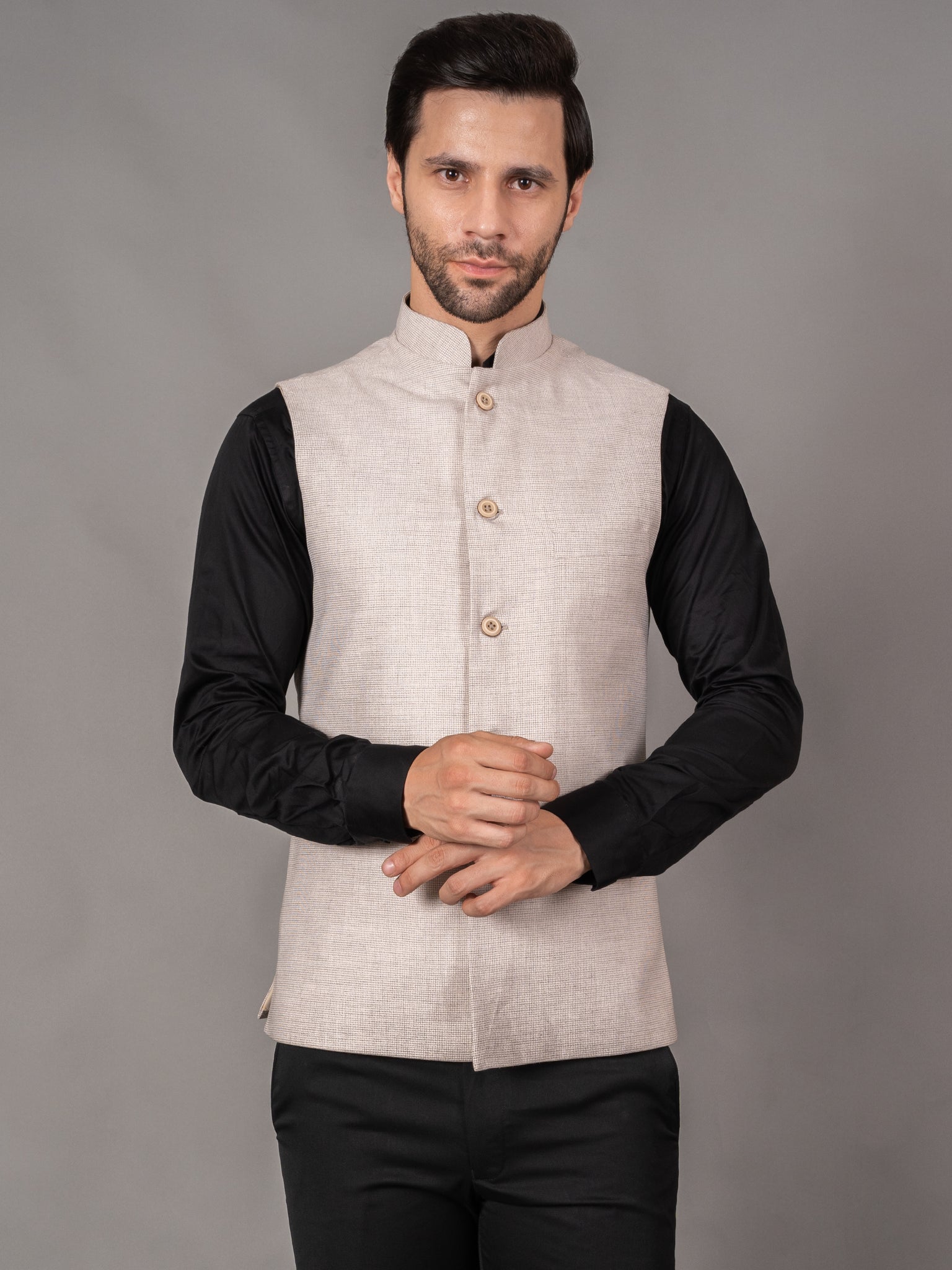 MEN'S SOLID NEHRU JACKETS ( DARK CREAM )