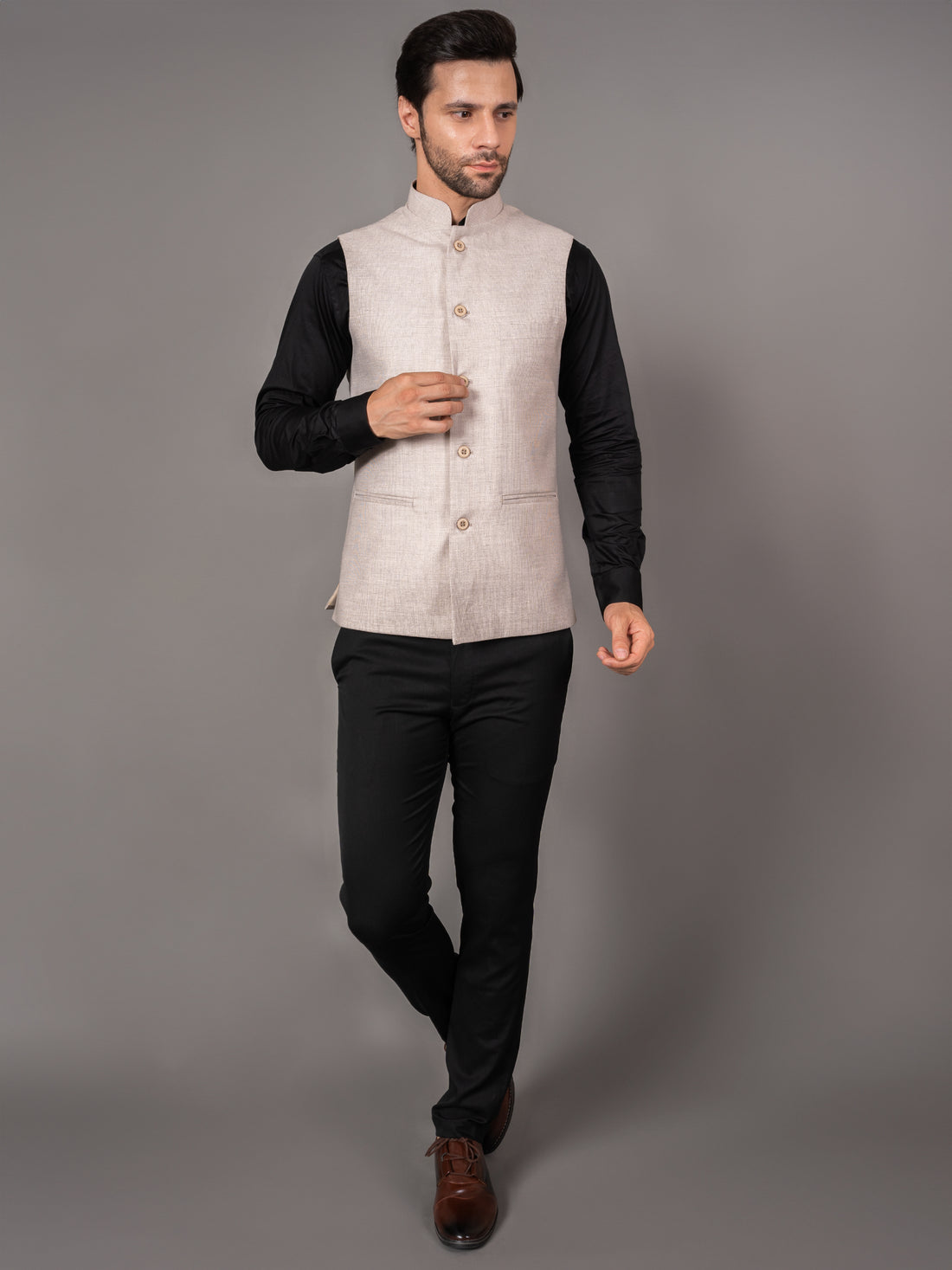 MEN'S SOLID NEHRU JACKETS ( DARK CREAM )