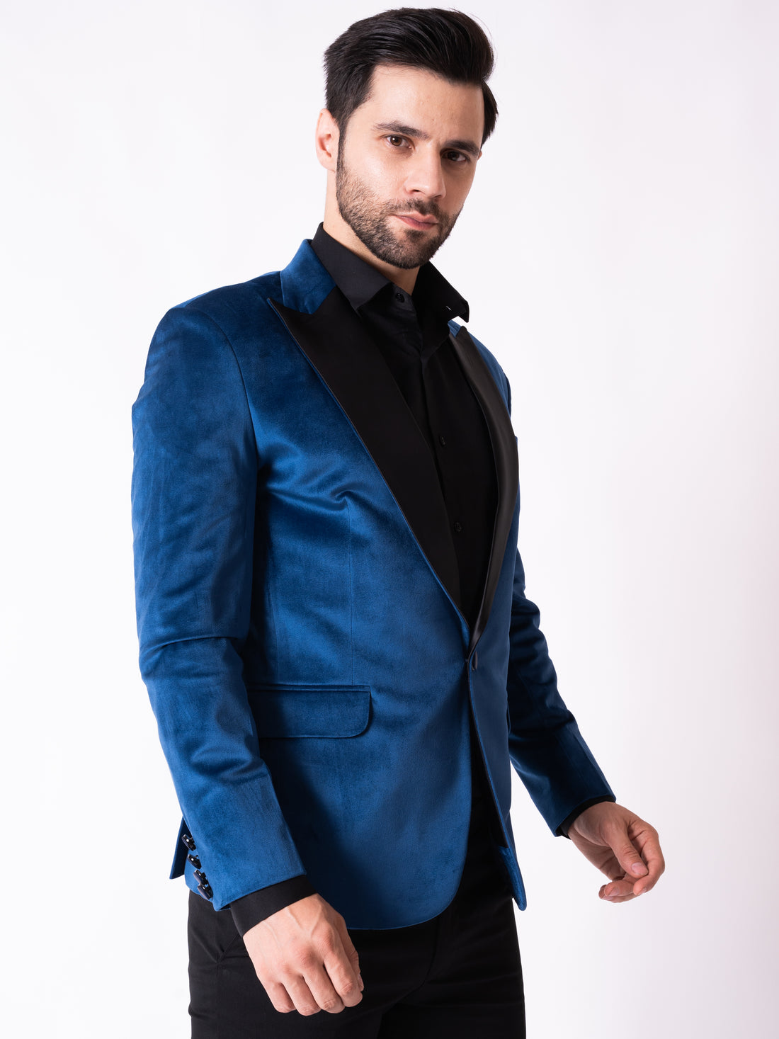 SINGLE BREASTED VELVET BLAZER ( BLUE )