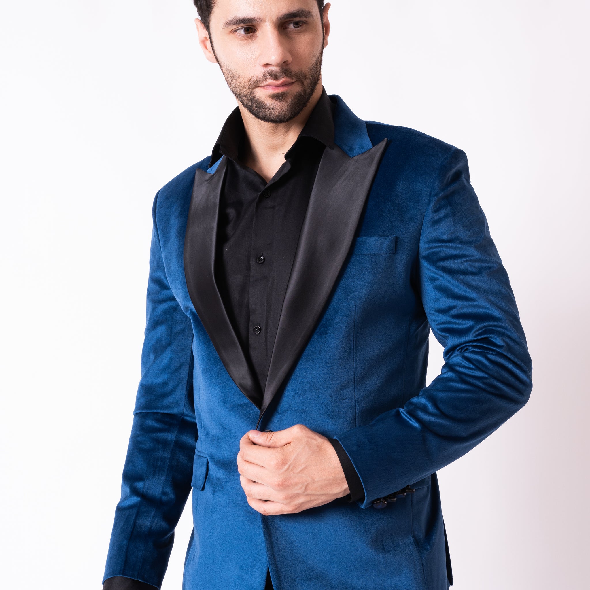 SINGLE BREASTED VELVET BLAZER ( BLUE )