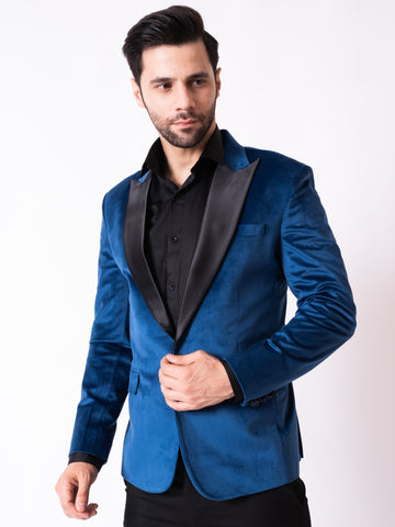 SINGLE BREASTED VELVET BLAZER ( BLUE )