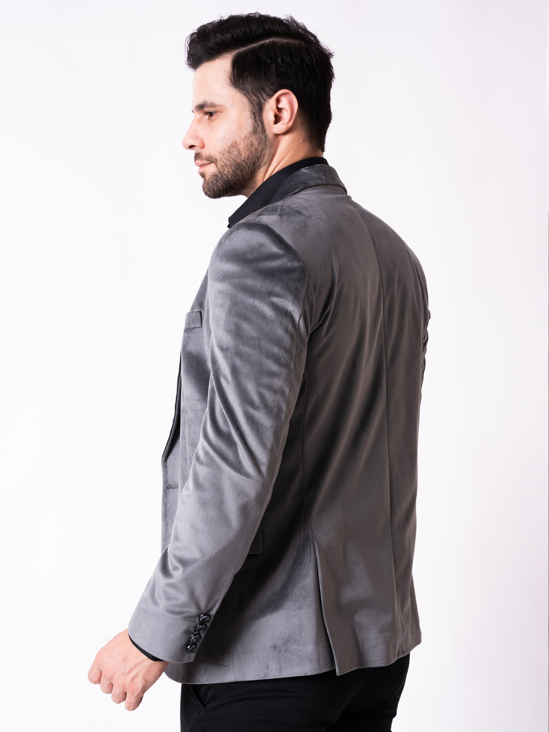 SINGLE BREASTED VELVET BLAZER ( DARK GREY )