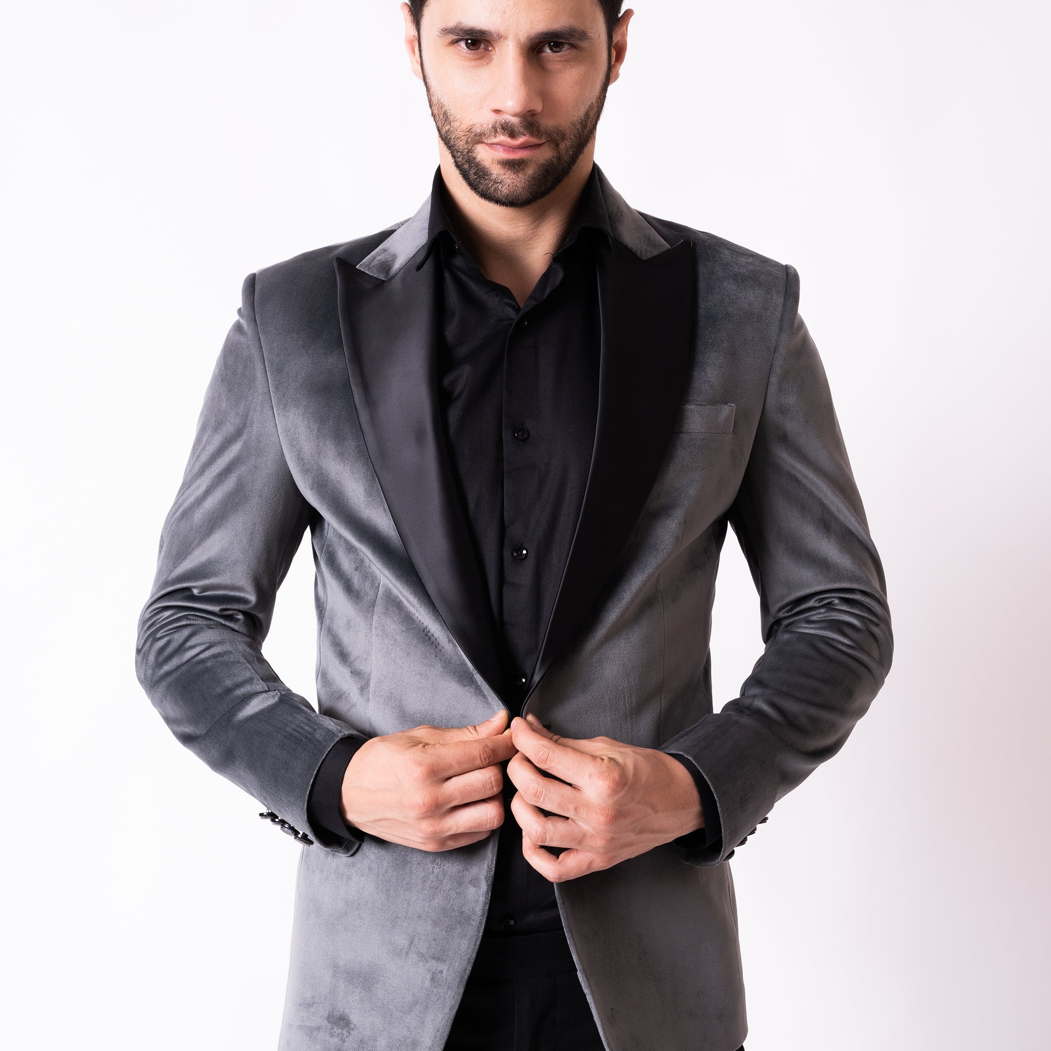 SINGLE BREASTED VELVET BLAZER ( DARK GREY )