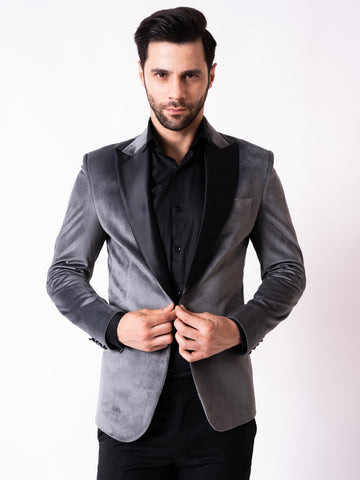 SINGLE BREASTED VELVET BLAZER ( DARK GREY )