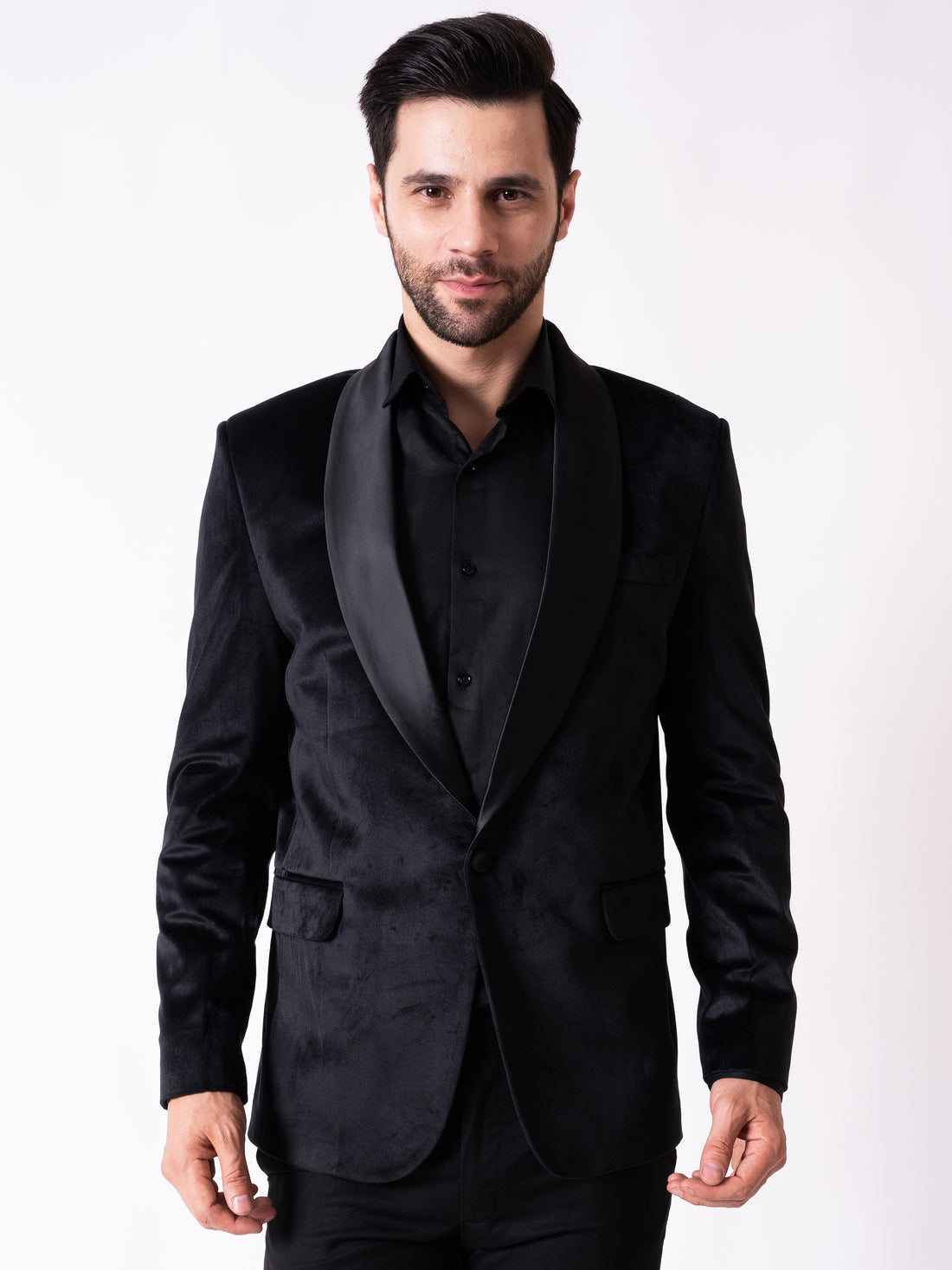 SINGLE BREASTED VELVET BLAZER ( BLACK )