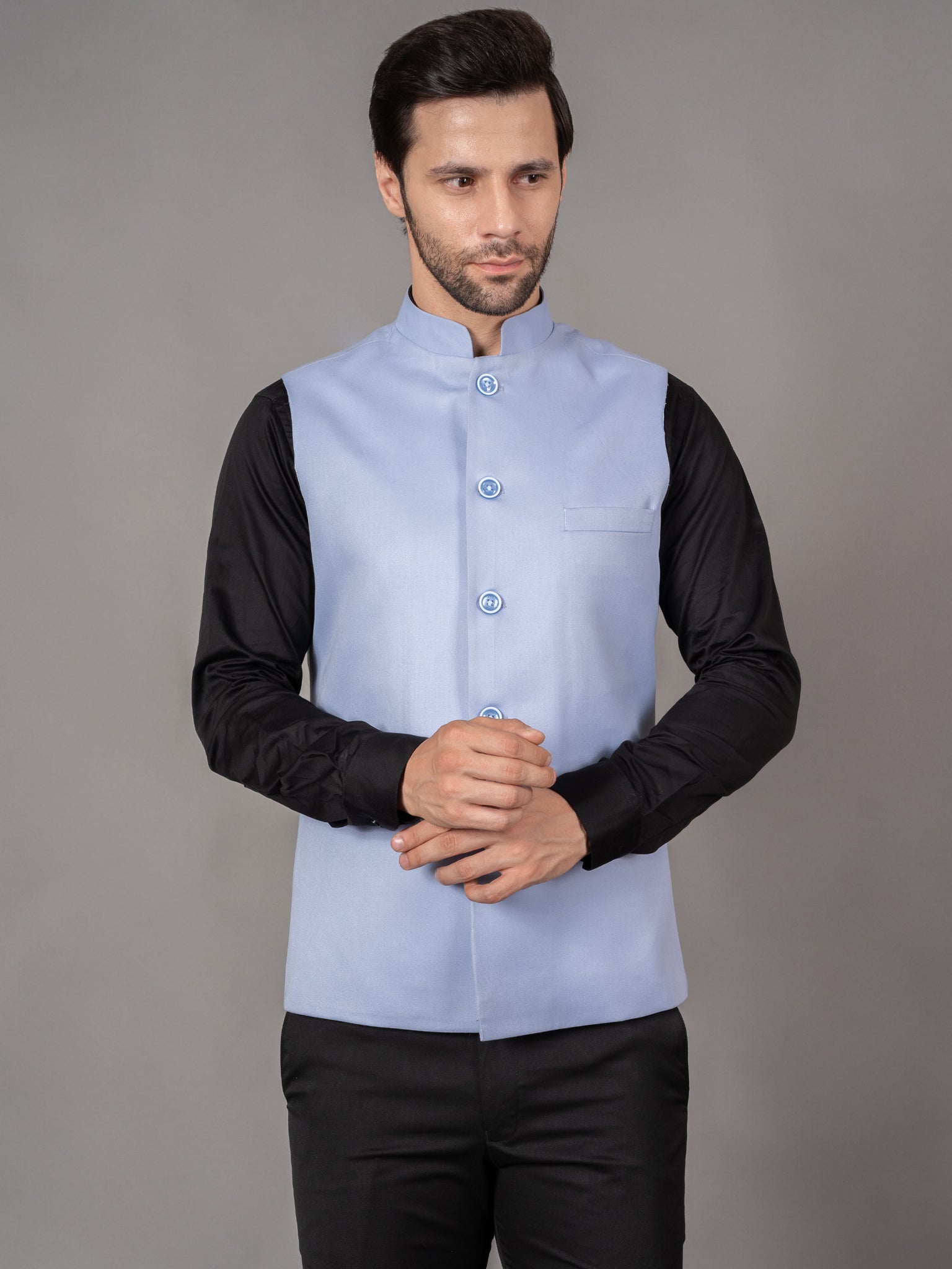 MEN'S SOLID NEHRU JACKETS ( SKY BLUE )