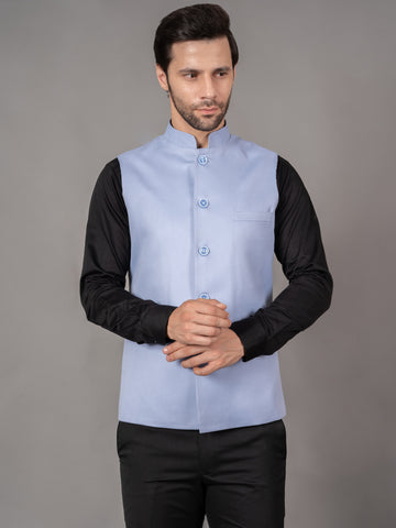 MEN'S SOLID NEHRU JACKETS ( SKY BLUE )