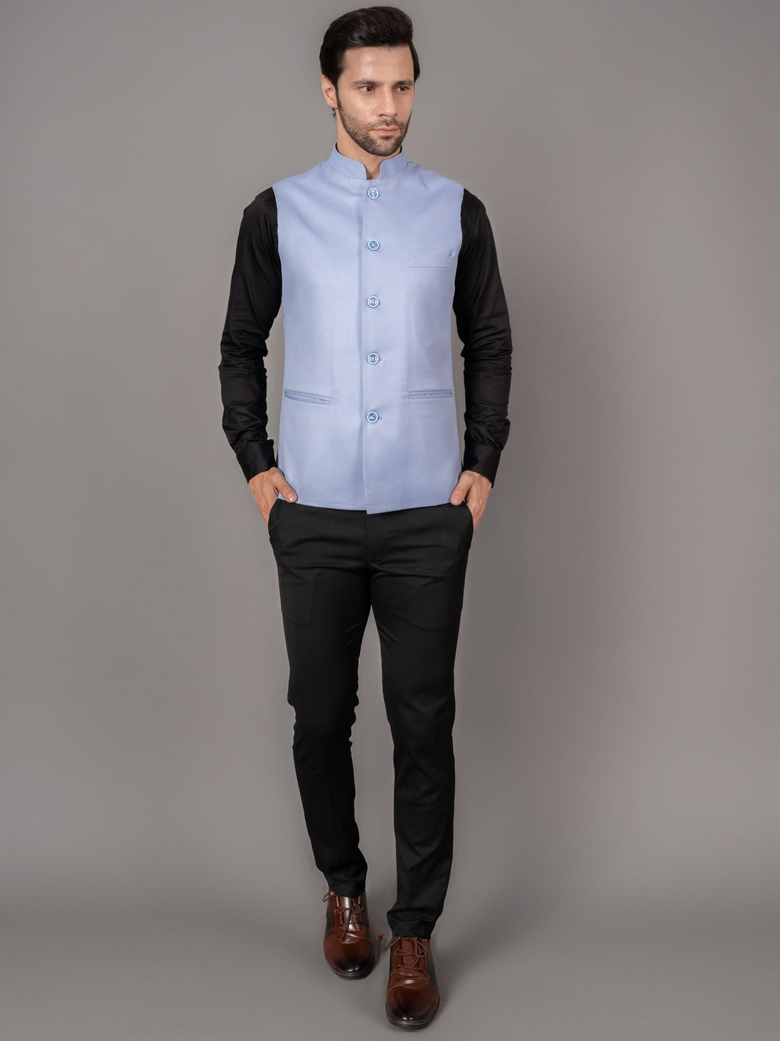 MEN'S SOLID NEHRU JACKETS ( SKY BLUE )