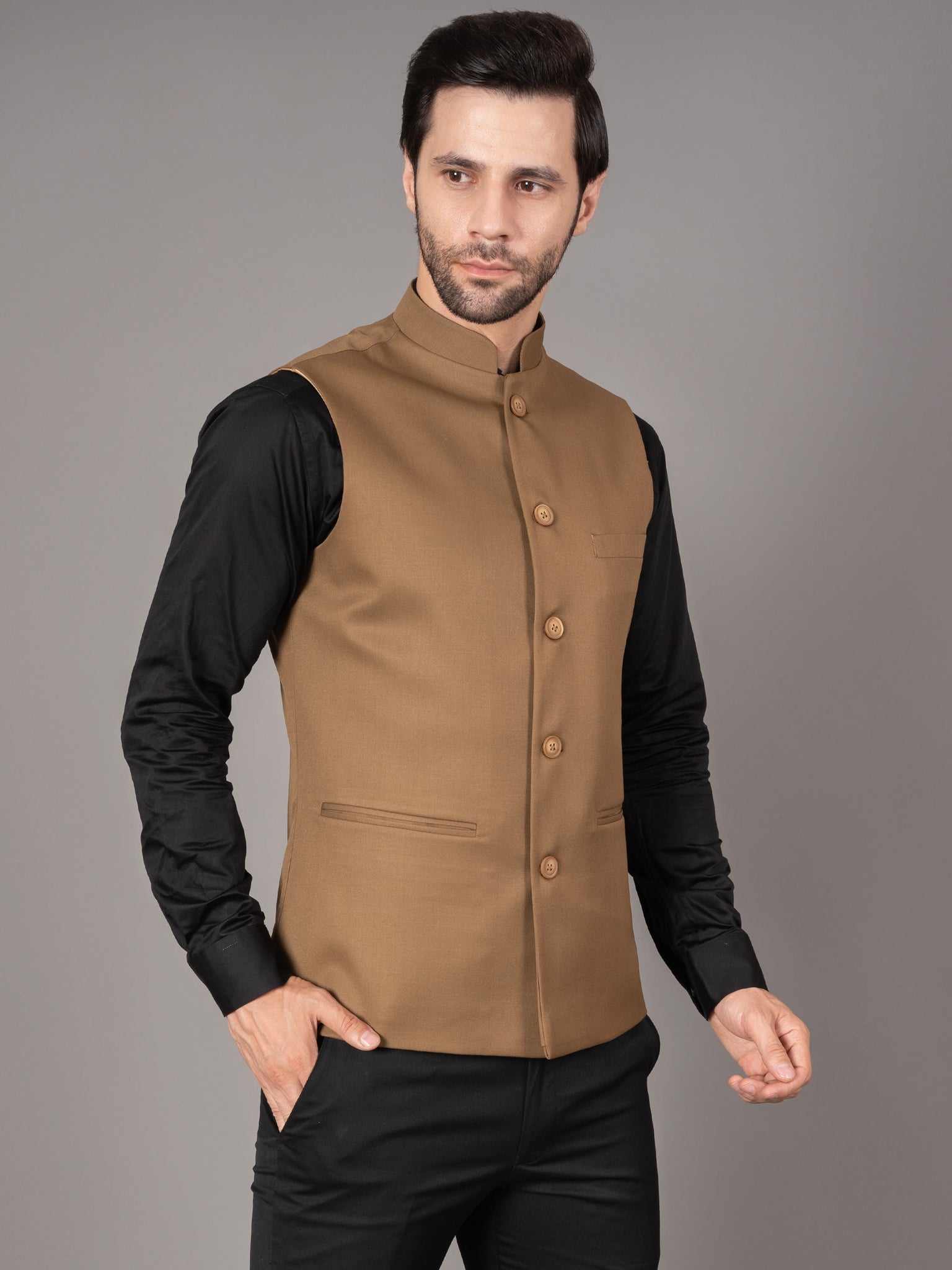 MEN'S SOLID NEHRU JACKETS ( BROWN )