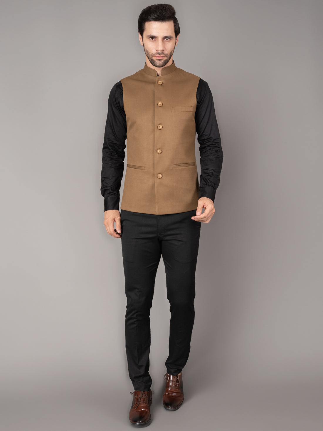 MEN'S SOLID NEHRU JACKETS ( BROWN )