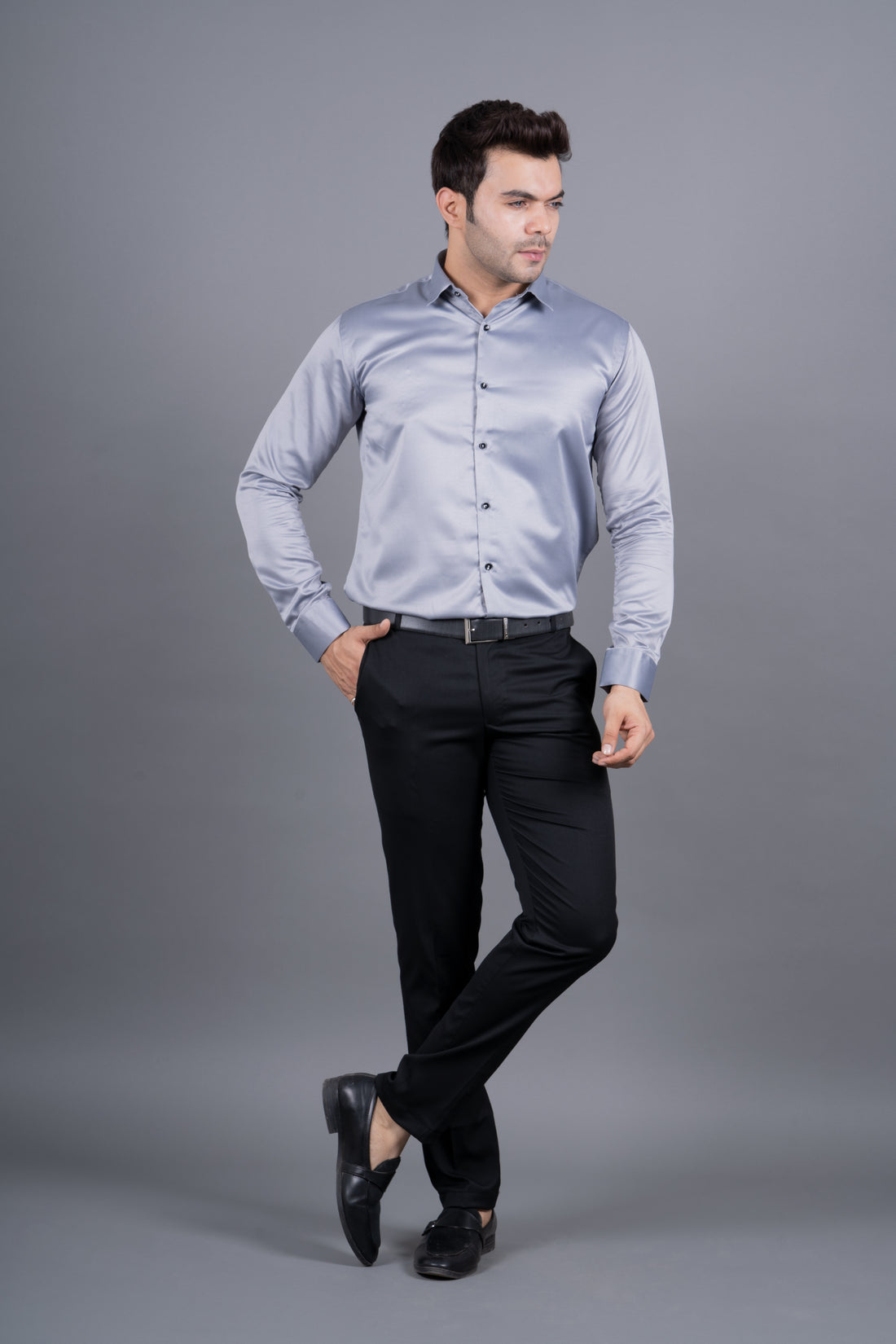 MEN'S SOLID SATIN SHIRT ( GREY )