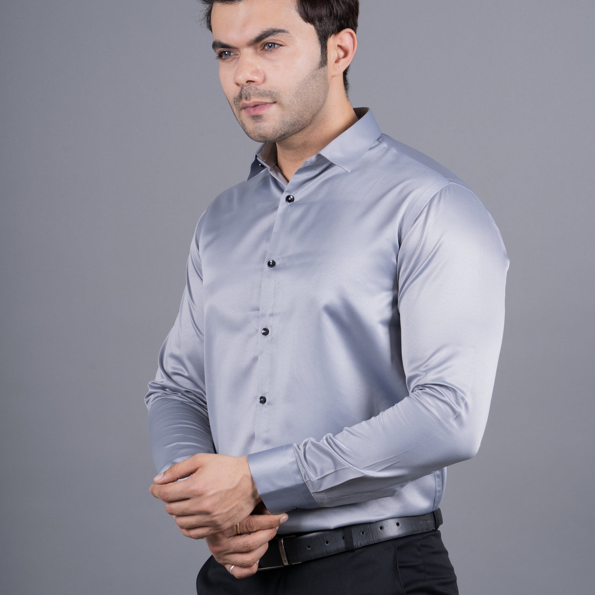 MEN'S SOLID SATIN SHIRT ( GREY )