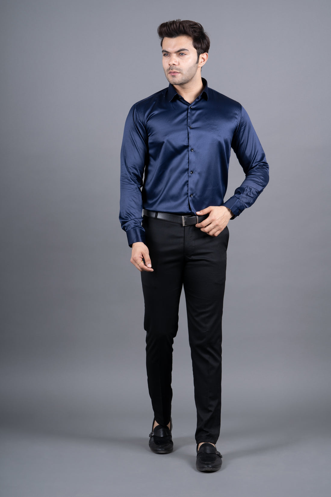 MEN'S SOLID SATIN SHIRT ( NAVY BLUE )