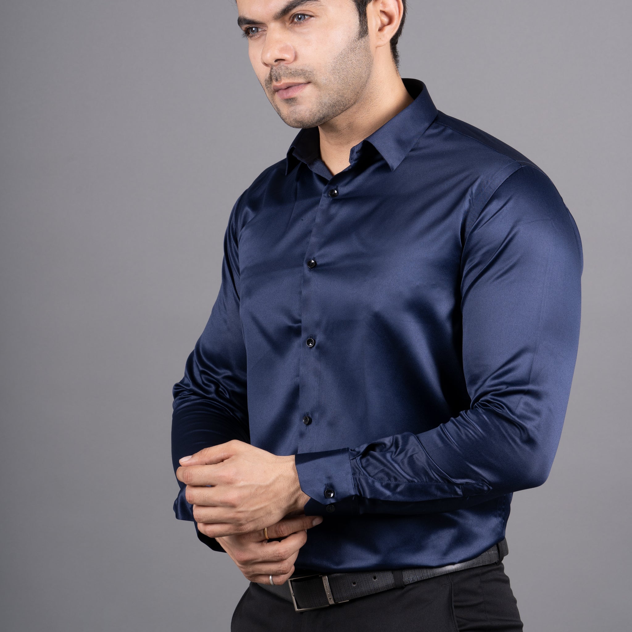 MEN'S SOLID SATIN SHIRT ( NAVY BLUE )