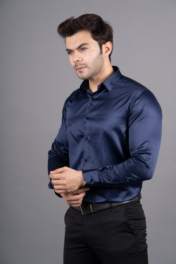 MEN'S SOLID SATIN SHIRT ( NAVY BLUE )