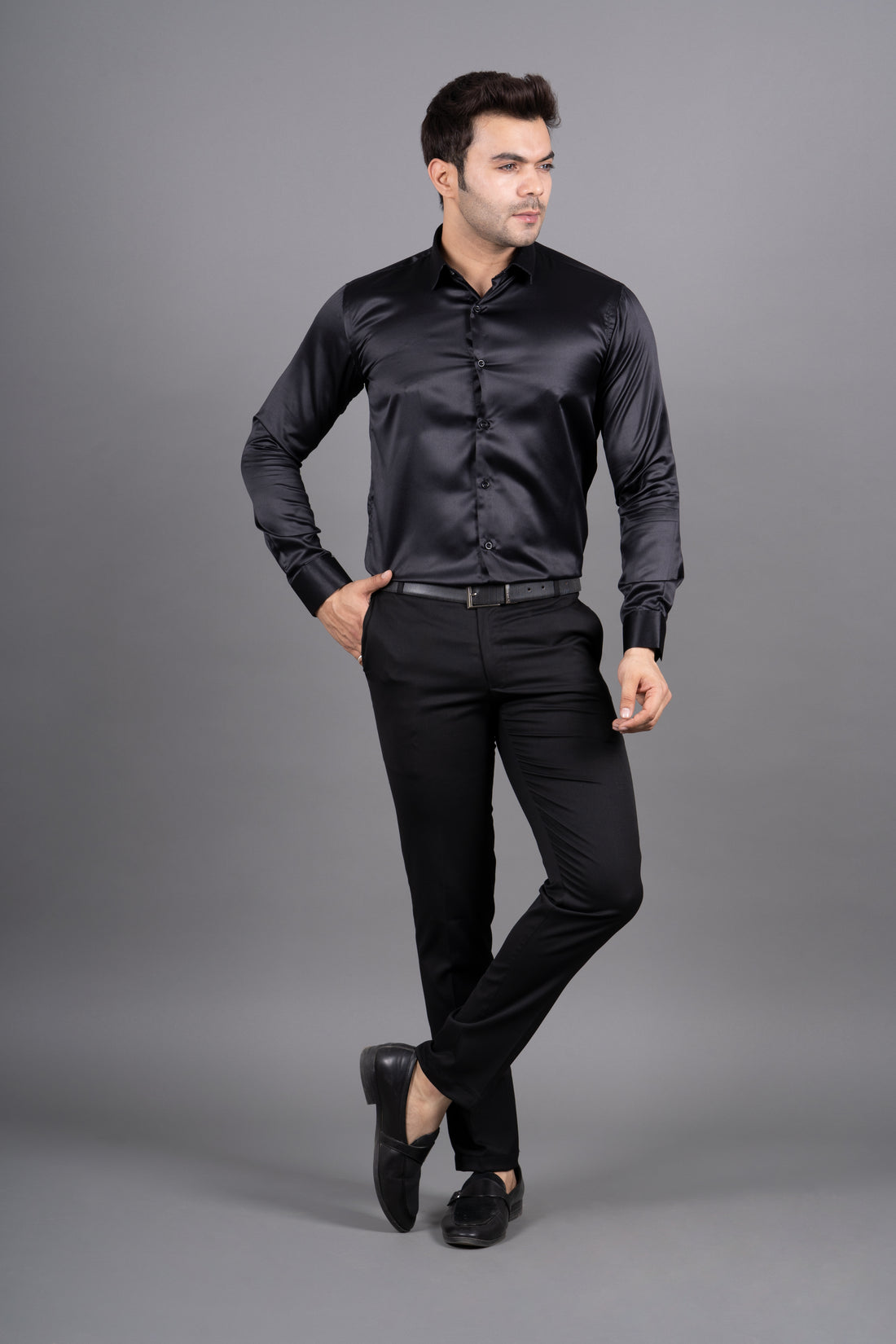 MEN'S SOLID SATIN SHIRT ( BLACK )