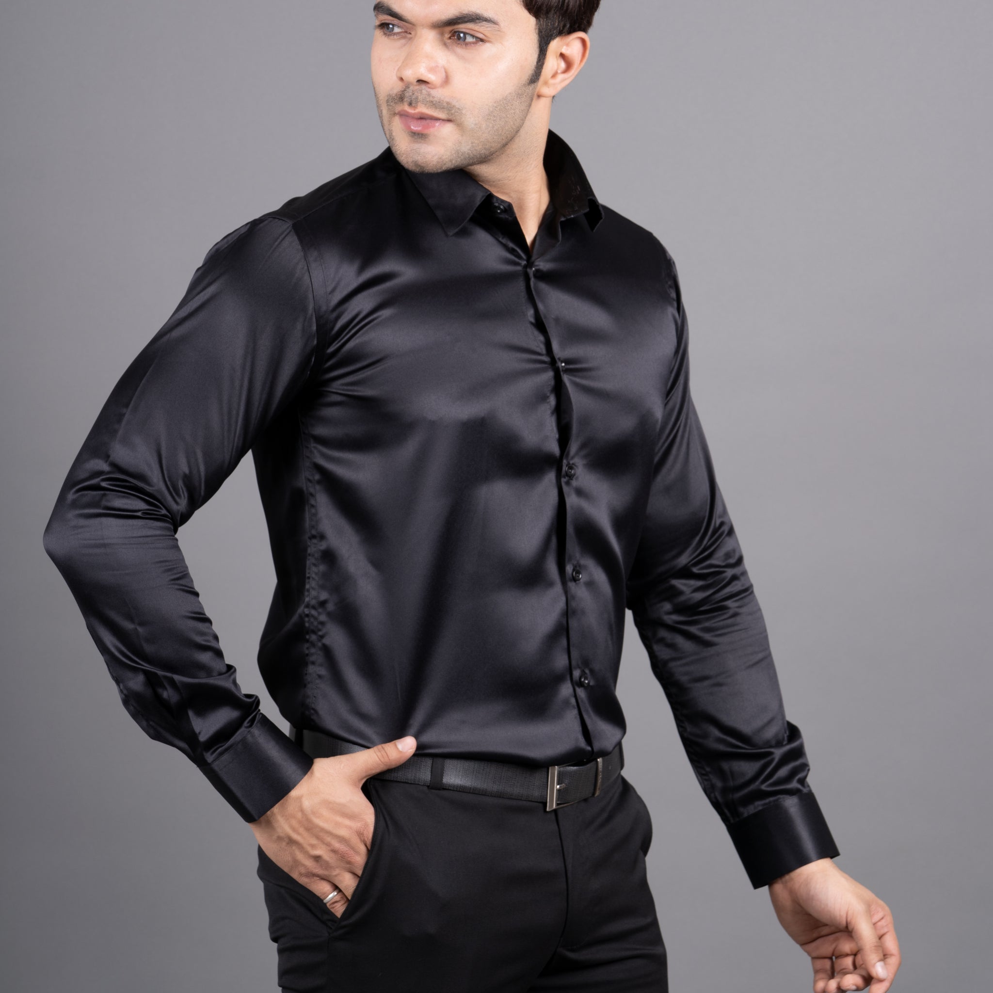 MEN'S SOLID SATIN SHIRT ( BLACK )