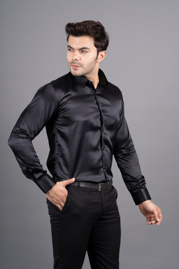 MEN'S SOLID SATIN SHIRT ( BLACK )