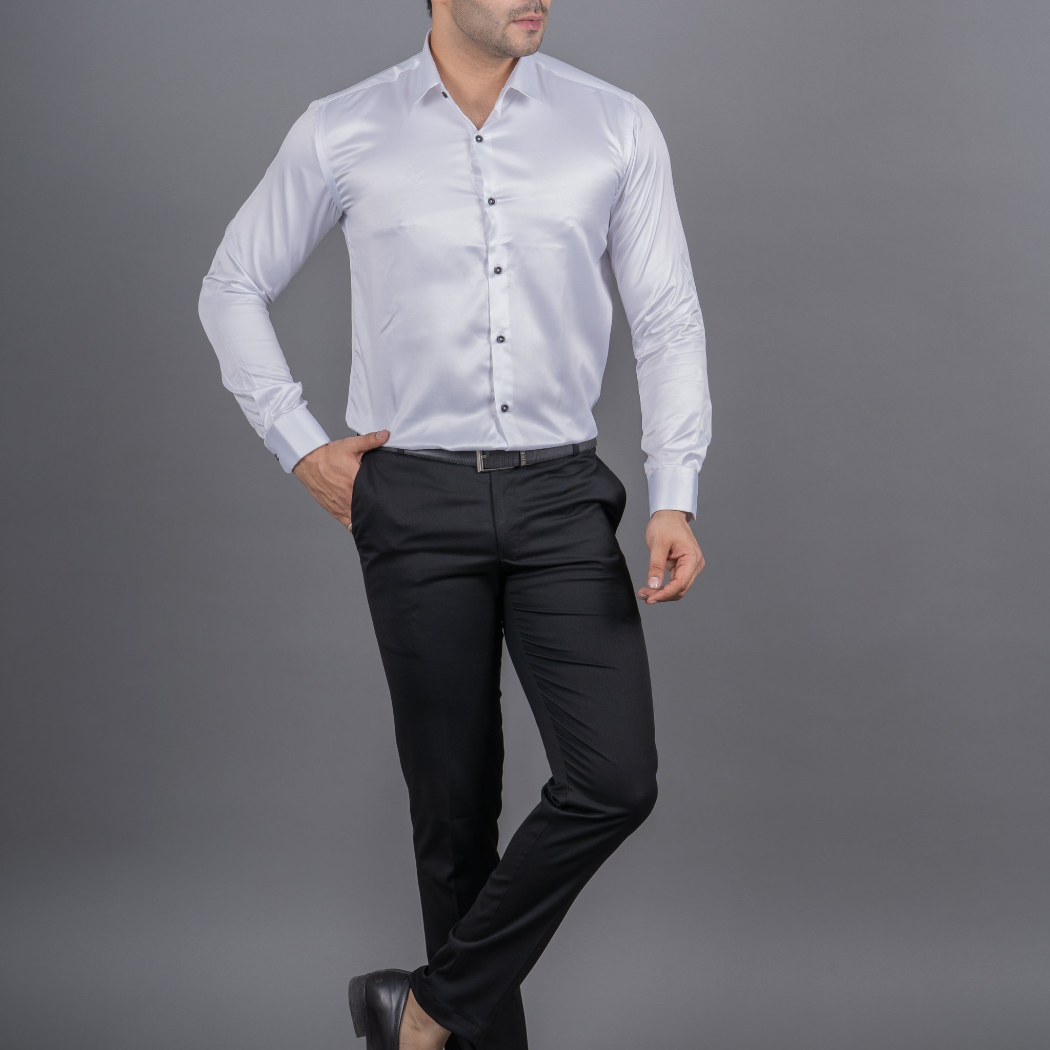 MEN'S SOLID SATIN SHIRT (WHITE )