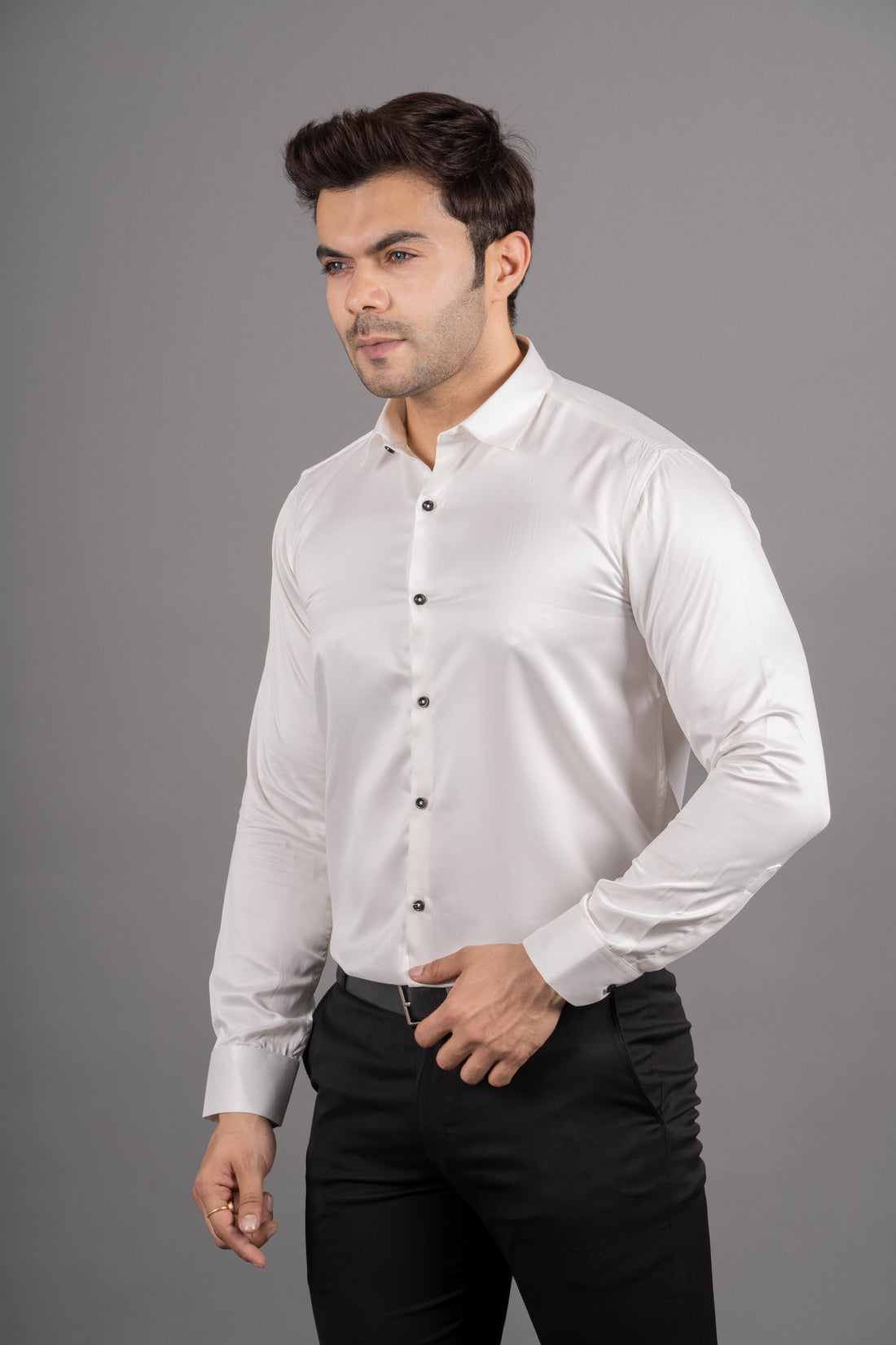 MEN'S SOLID SATIN SHIRT (OFF WHITE )