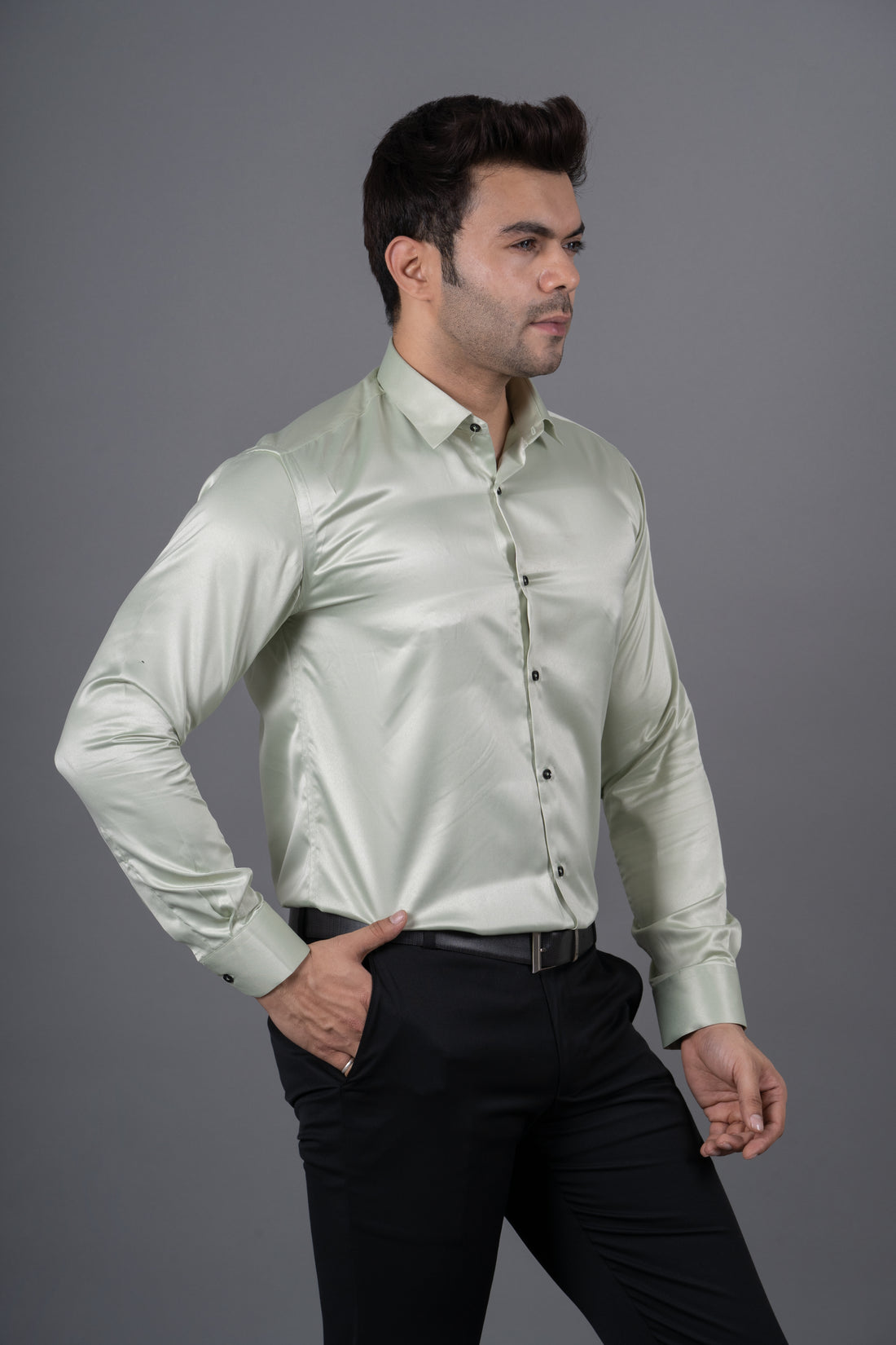 MEN'S SOLID SATIN SHIRT (LIGHT GREEN)