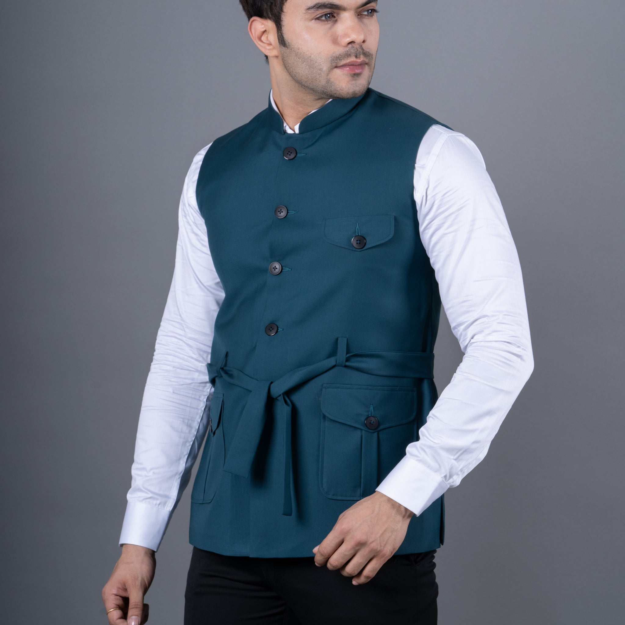 MEN'S SOLID BELT NEHRU JACKETS ( ROYAL BLUE )