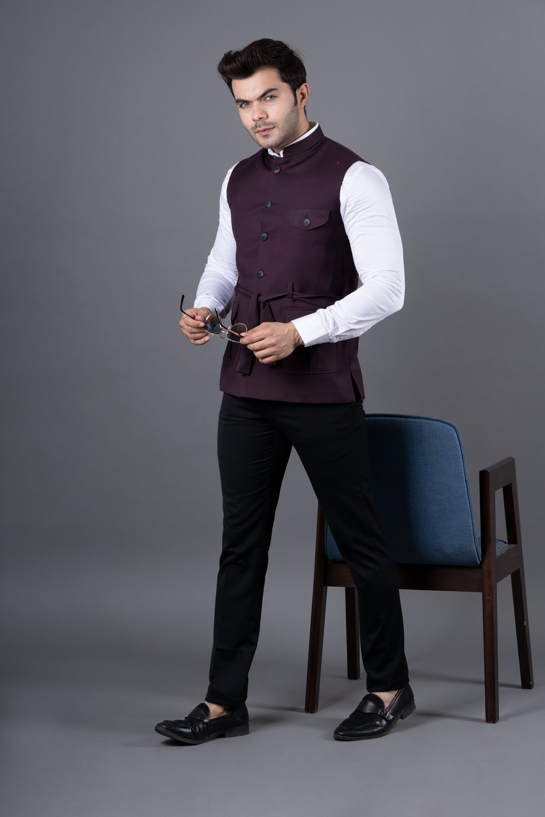 MEN'S SOLID BELT NEHRU JACKETS ( MAROON )