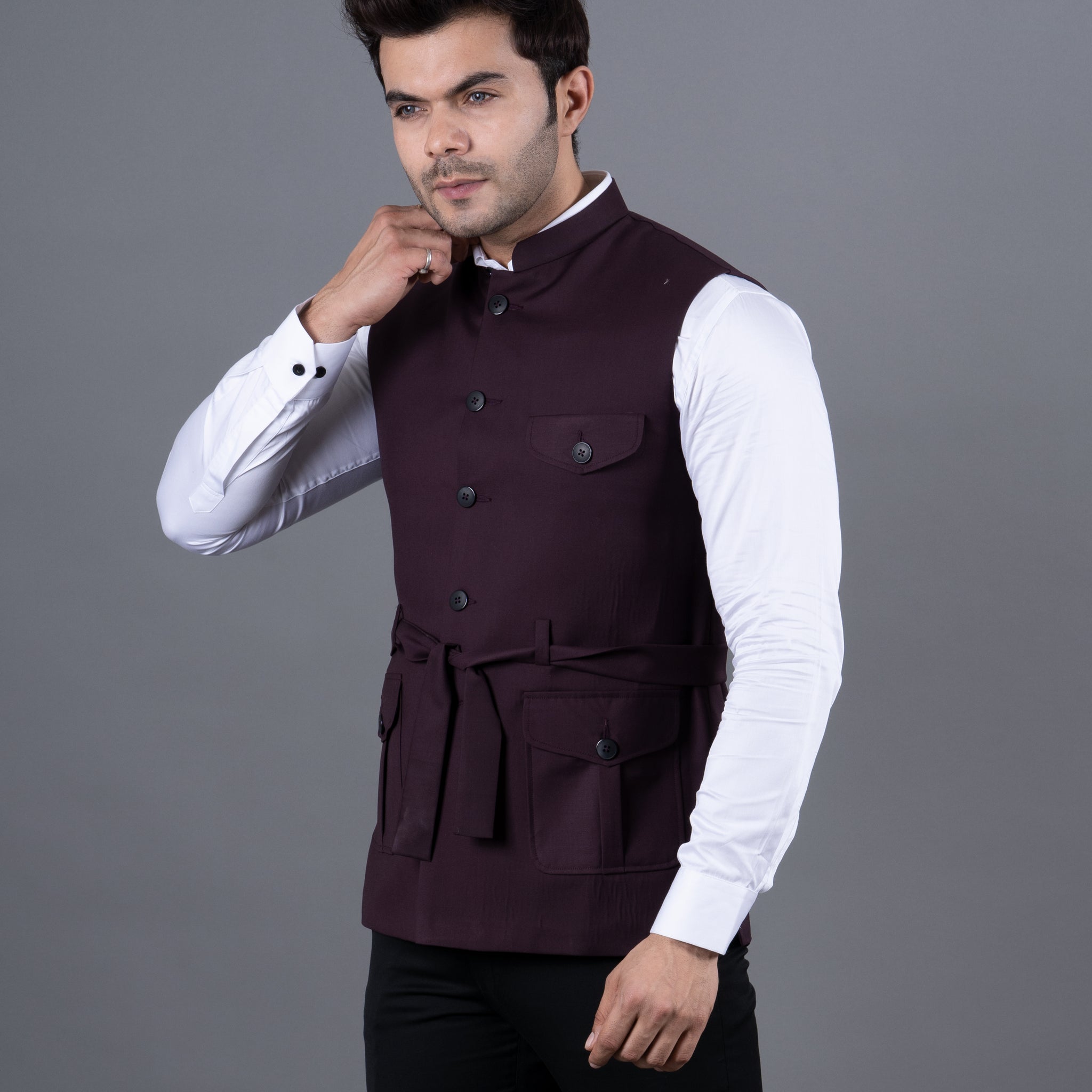 MEN'S SOLID BELT NEHRU JACKETS ( MAROON )