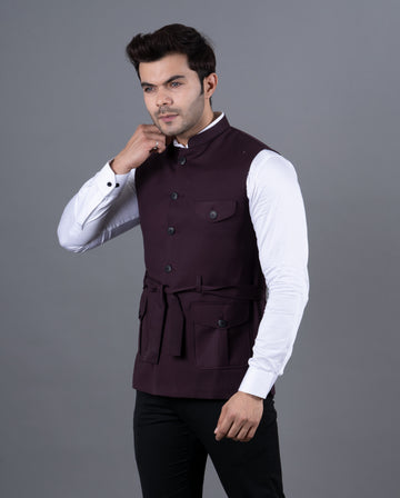 MEN'S SOLID BELT NEHRU JACKETS ( MAROON )