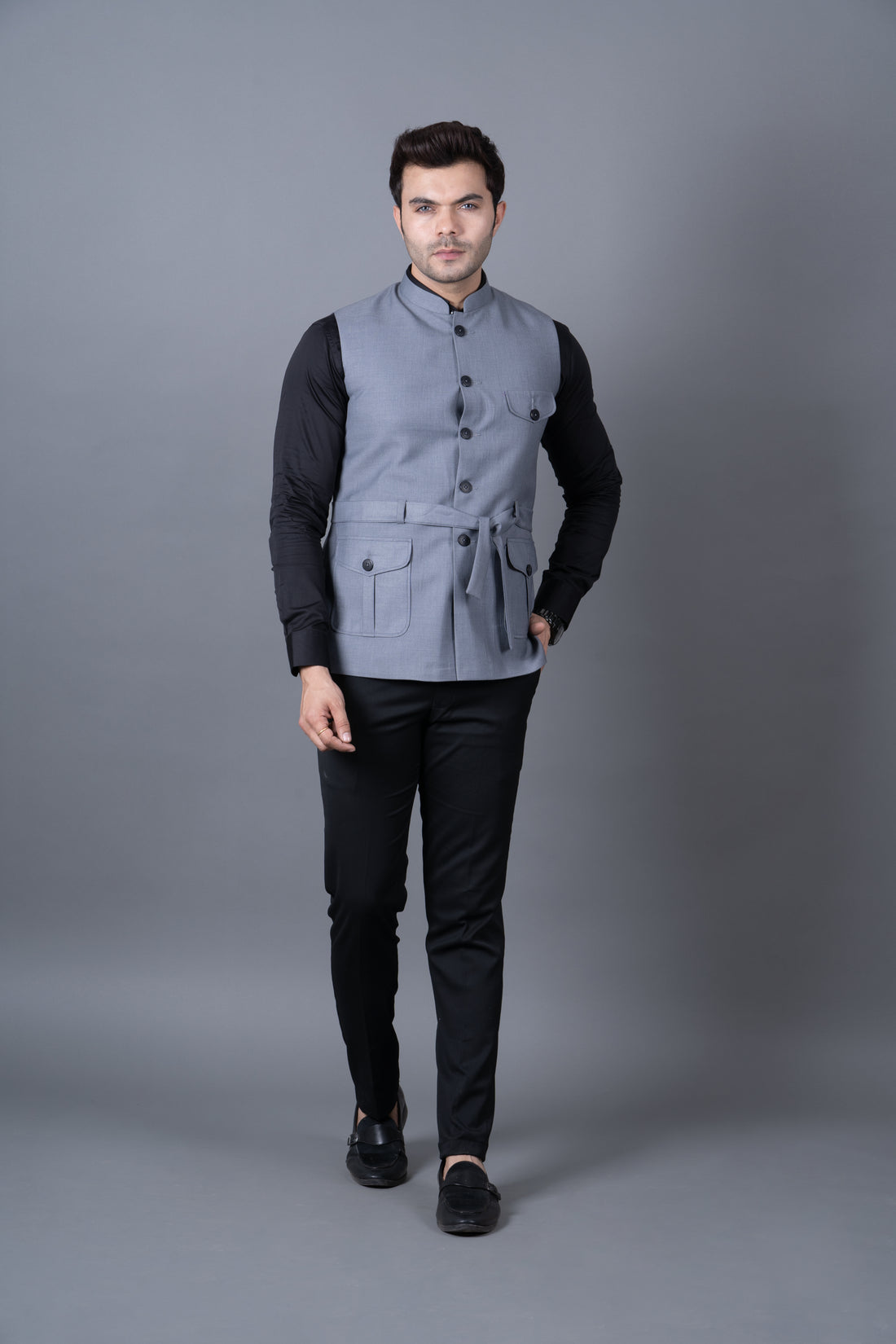 MEN'S SOLID BELT NEHRU JACKETS ( GREY )