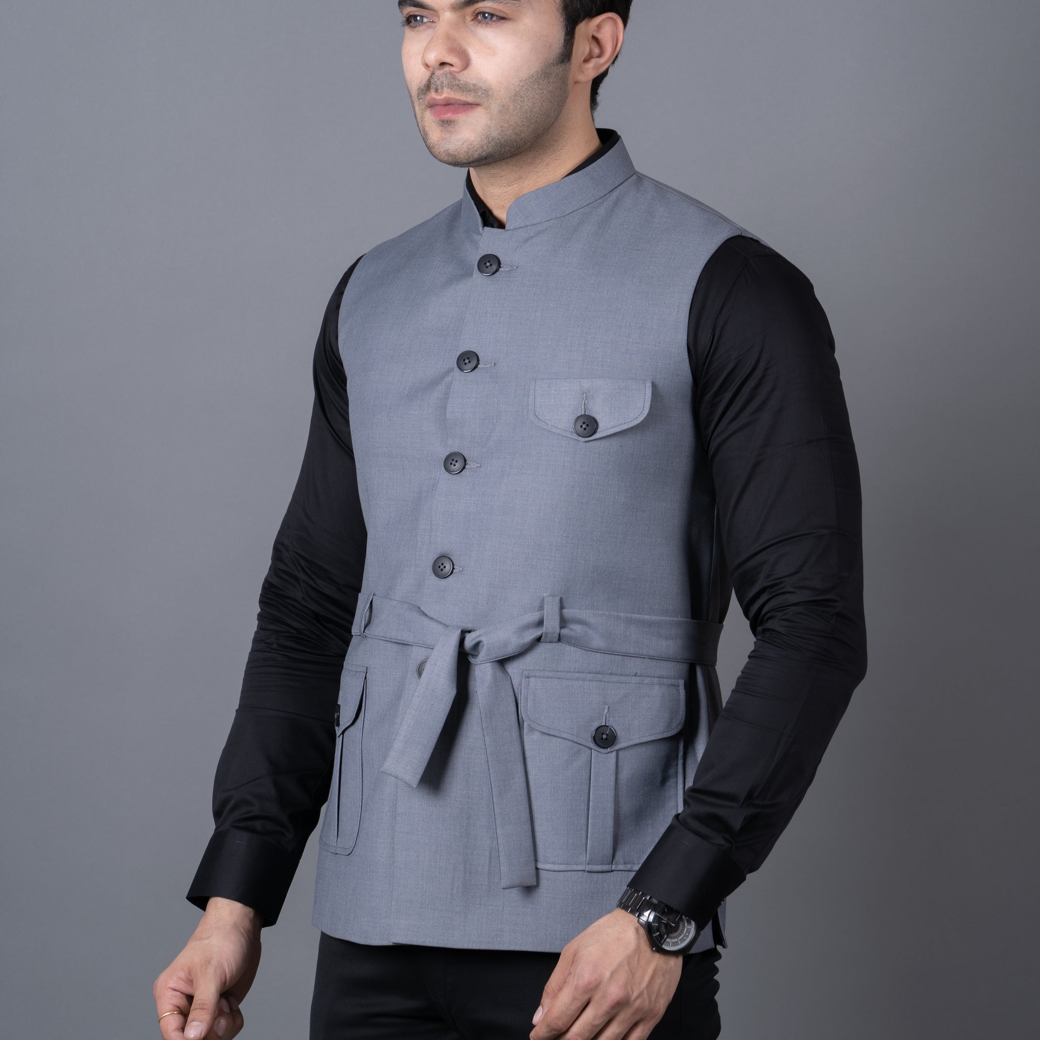 MEN'S SOLID BELT NEHRU JACKETS ( GREY )