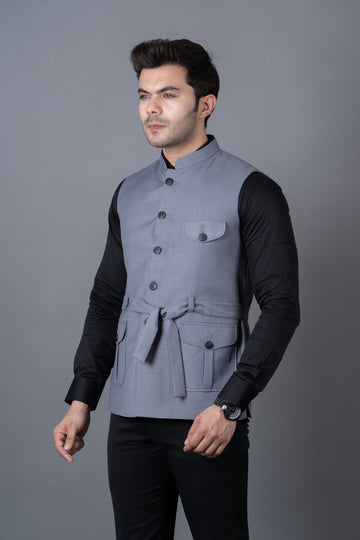 MEN'S SOLID BELT NEHRU JACKETS ( GREY )