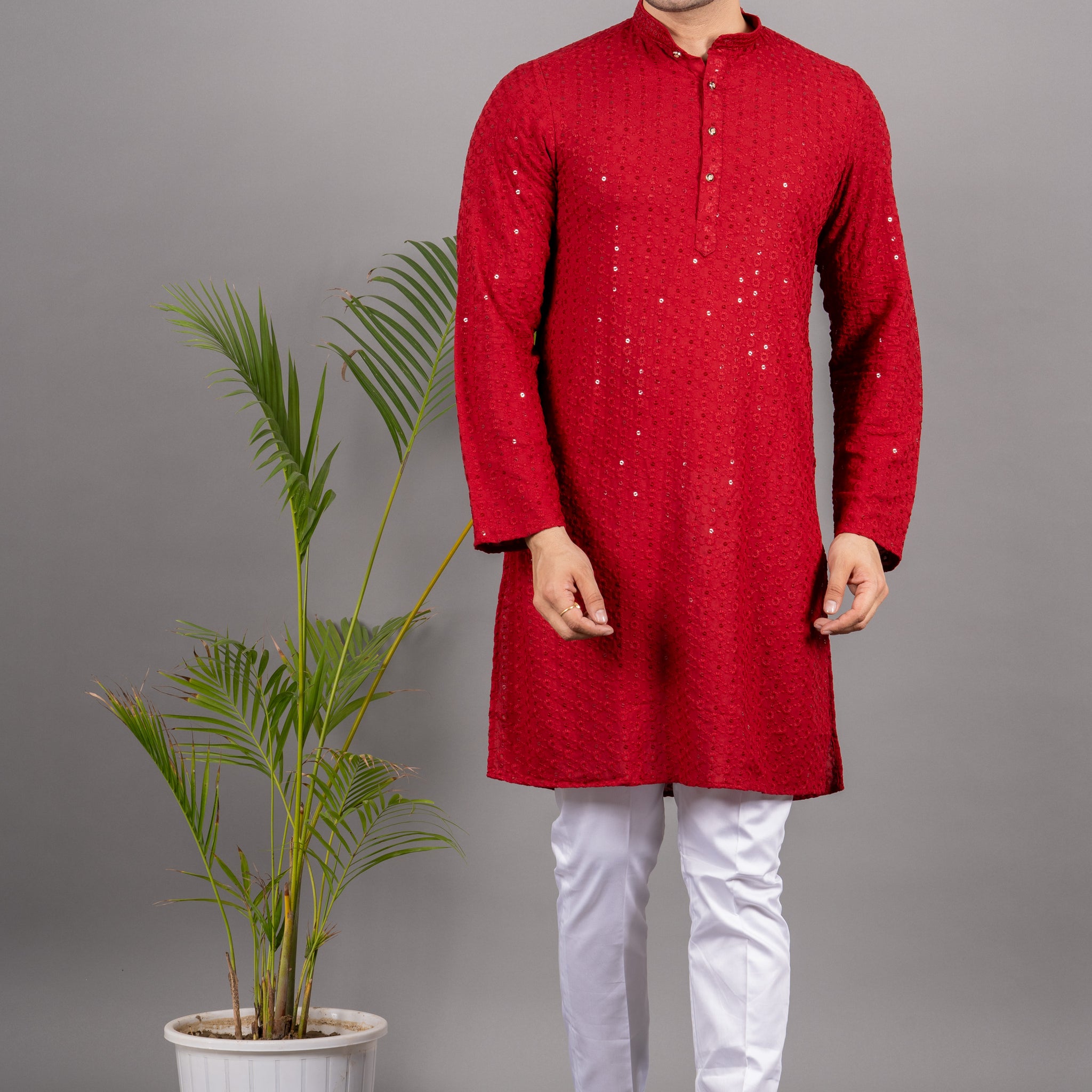 MEN'S SOLID SEQUENCE KURTA (RED )