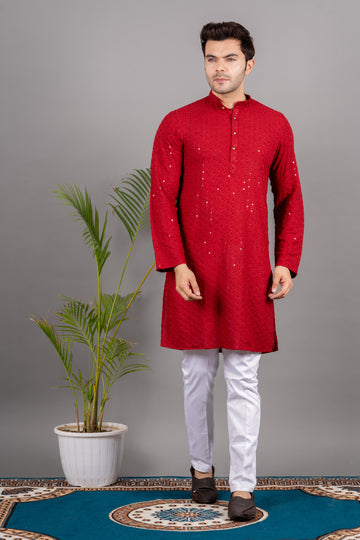 MEN'S SOLID SEQUENCE KURTA (RED )