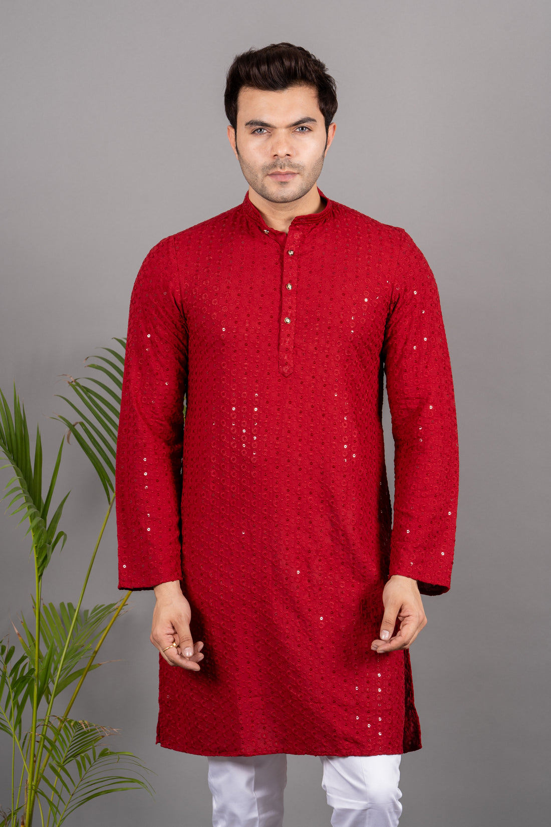 MEN'S SOLID SEQUENCE KURTA (RED )